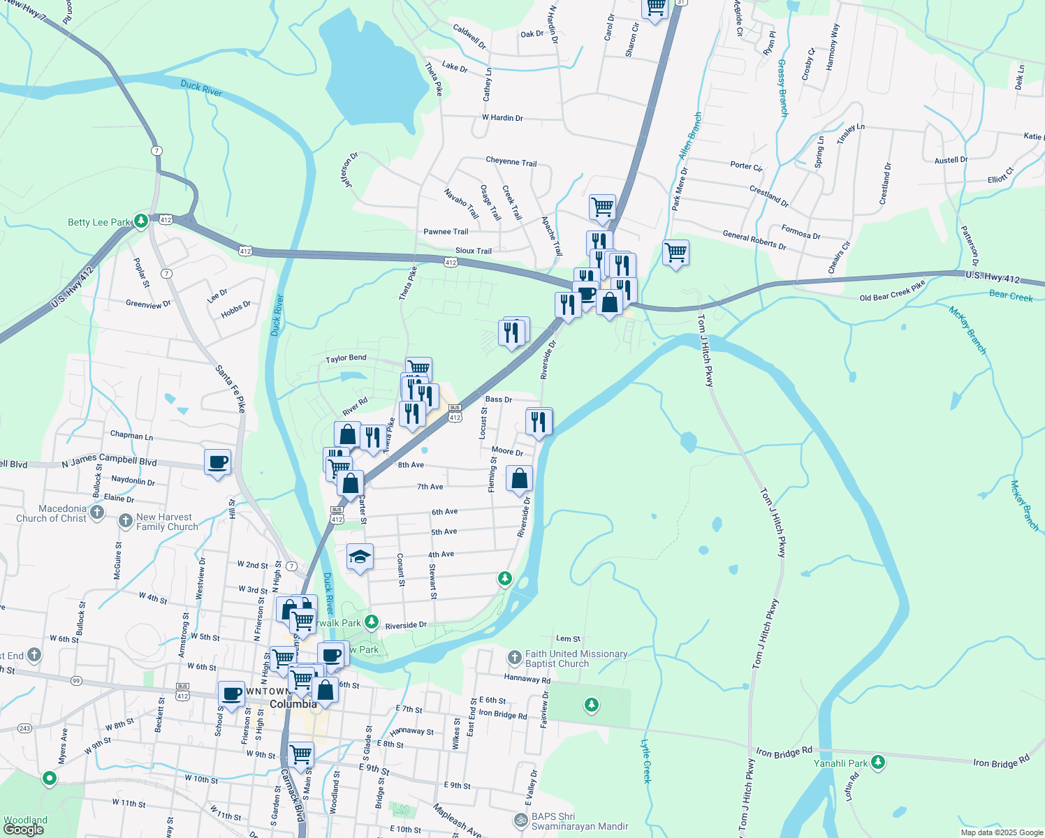 map of restaurants, bars, coffee shops, grocery stores, and more near 123 Moore Circle in Columbia