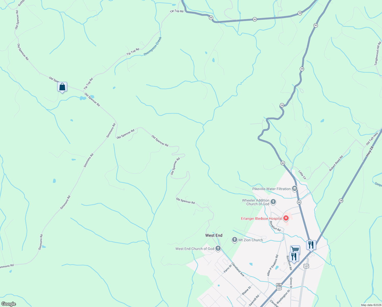 map of restaurants, bars, coffee shops, grocery stores, and more near Old Spencer Road in Pikeville