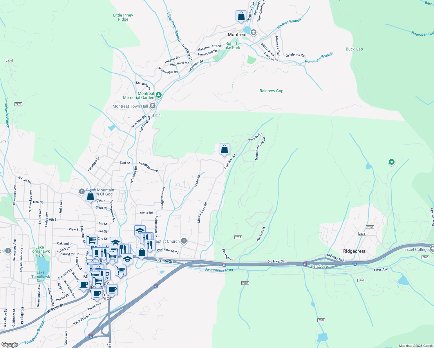 map of restaurants, bars, coffee shops, grocery stores, and more near 455 McCoy Cove Road in Black Mountain