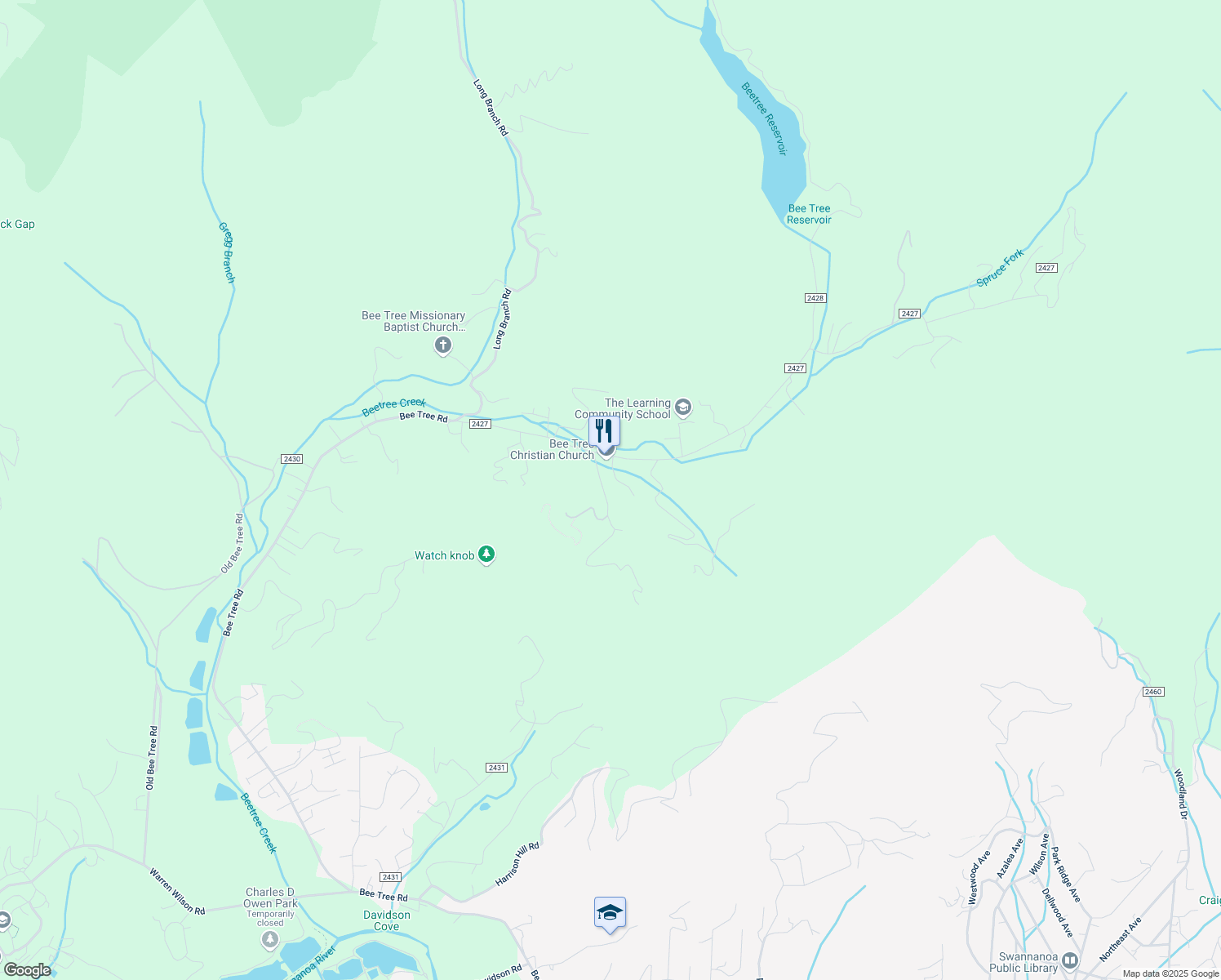 map of restaurants, bars, coffee shops, grocery stores, and more near 14 Watch Knob Lane in Swannanoa