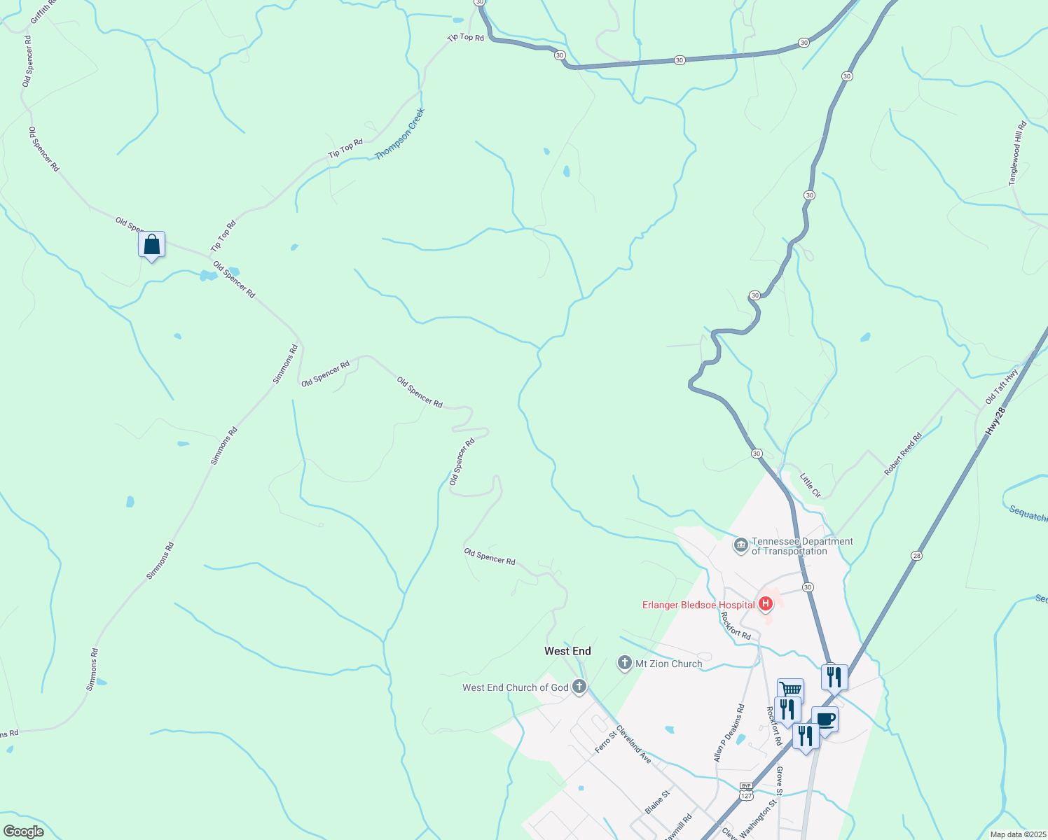 map of restaurants, bars, coffee shops, grocery stores, and more near 1315 Old Spencer Road in Pikeville