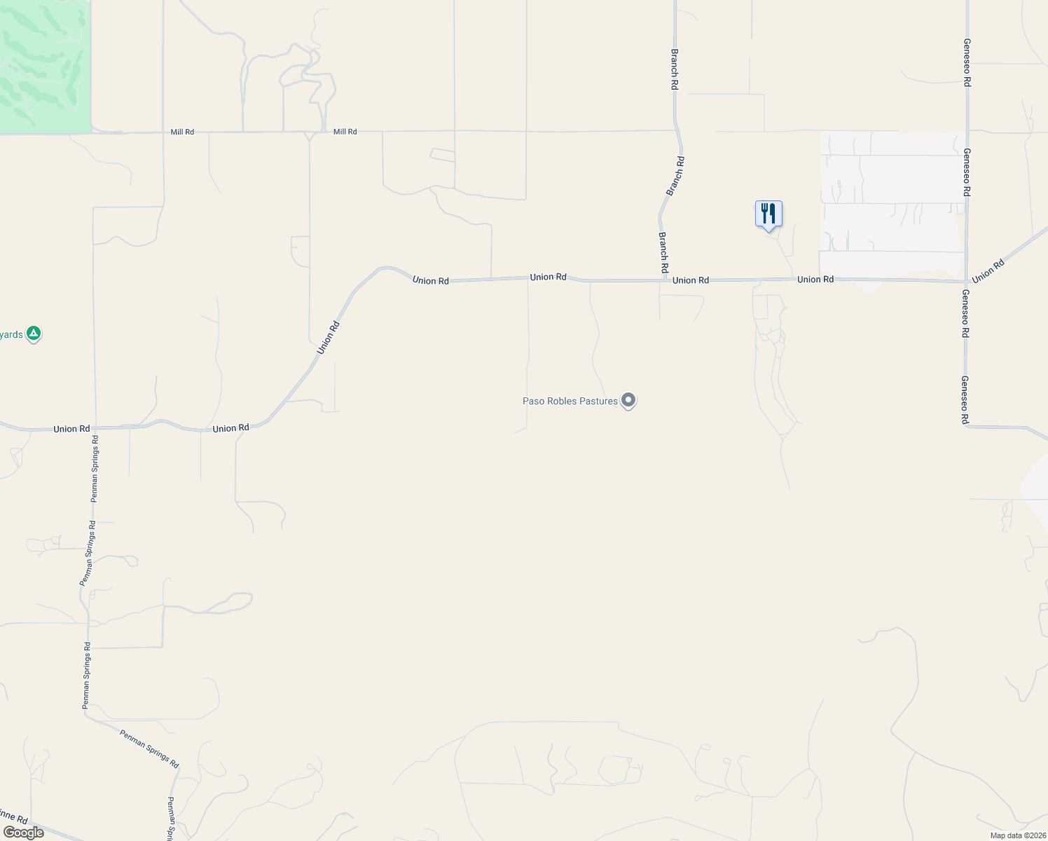 map of restaurants, bars, coffee shops, grocery stores, and more near 1975 Hidden Acre Road in Paso Robles