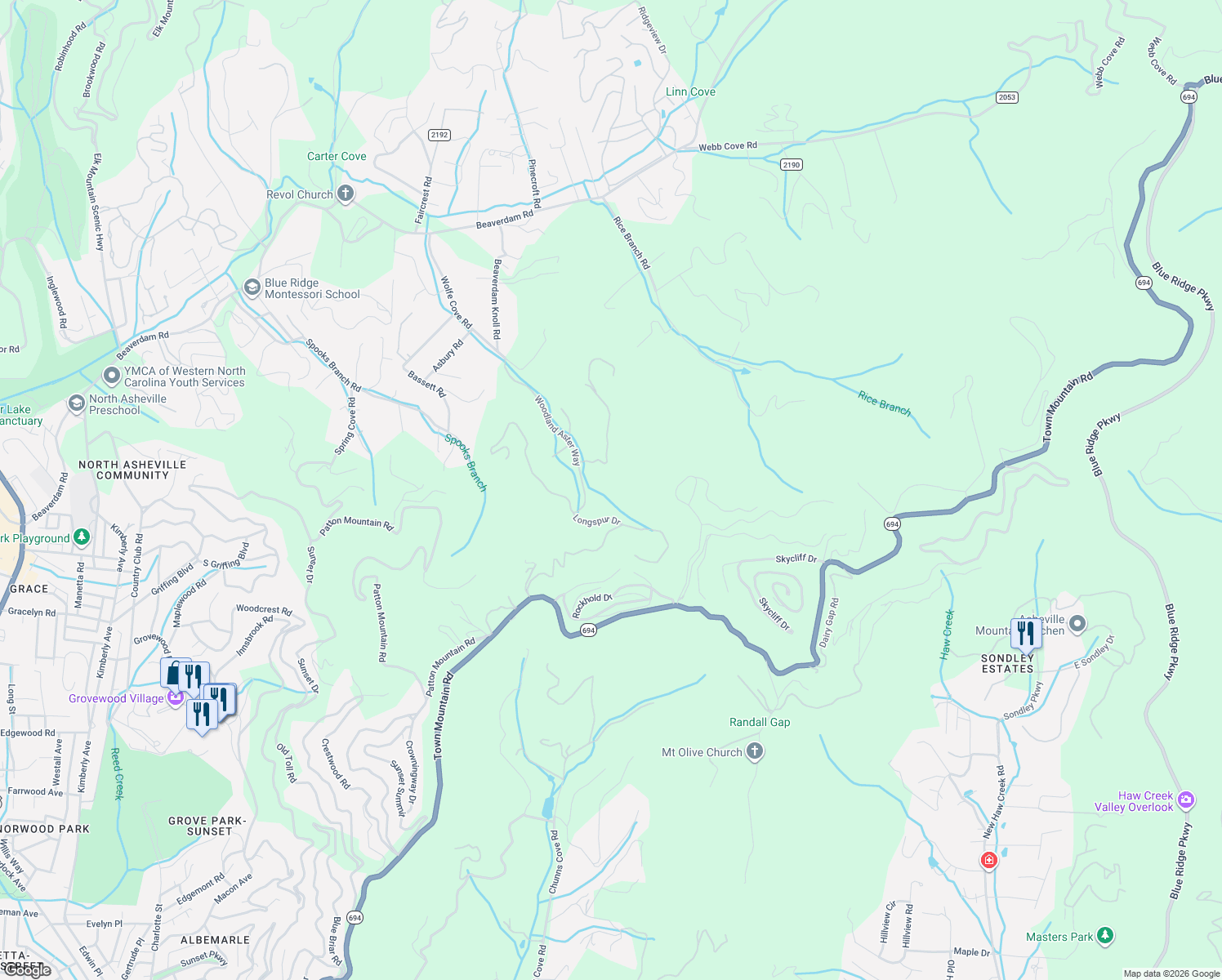 map of restaurants, bars, coffee shops, grocery stores, and more near 15 Woodland Aster Way in Asheville