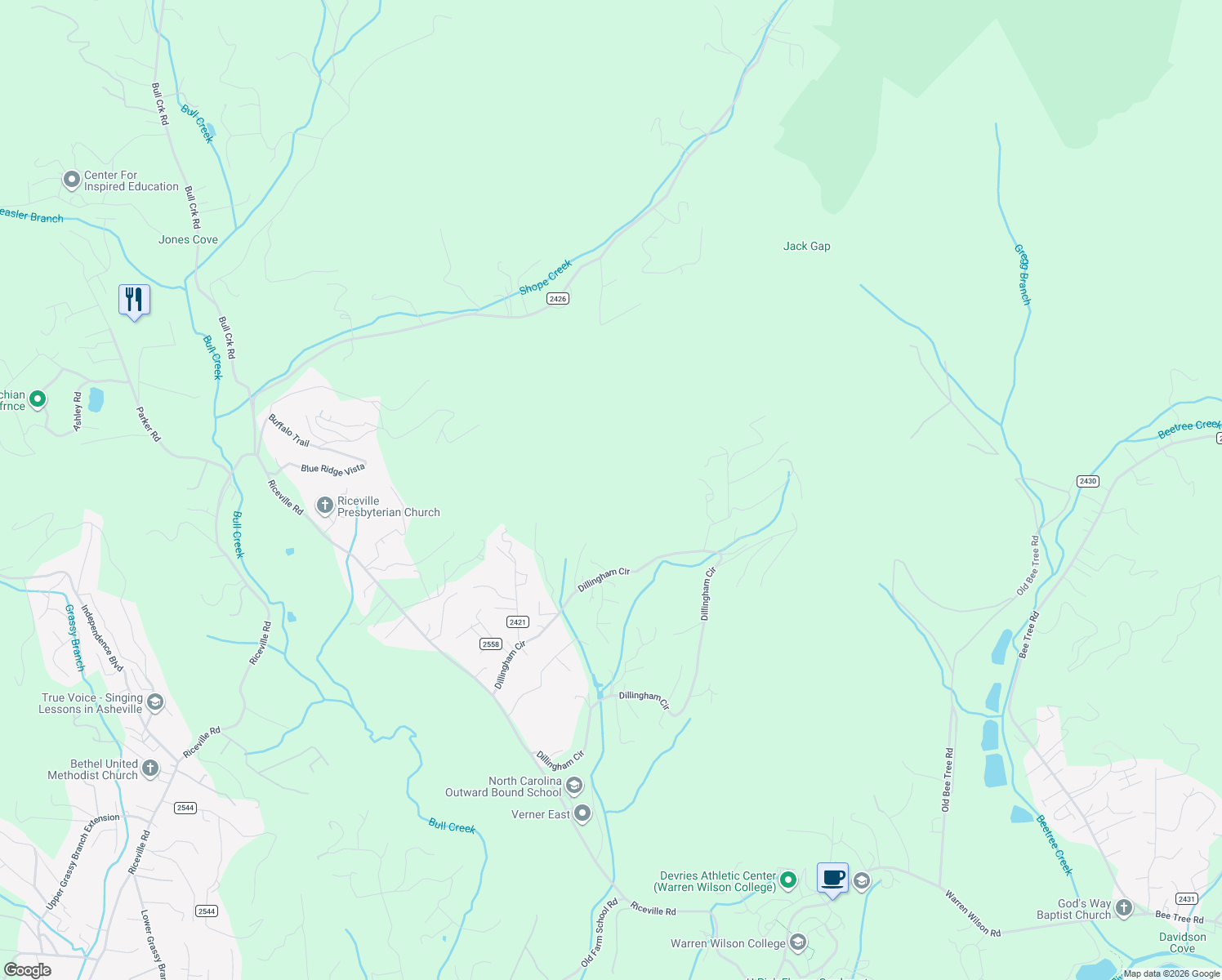 map of restaurants, bars, coffee shops, grocery stores, and more near 309 Dillingham Circle in Asheville