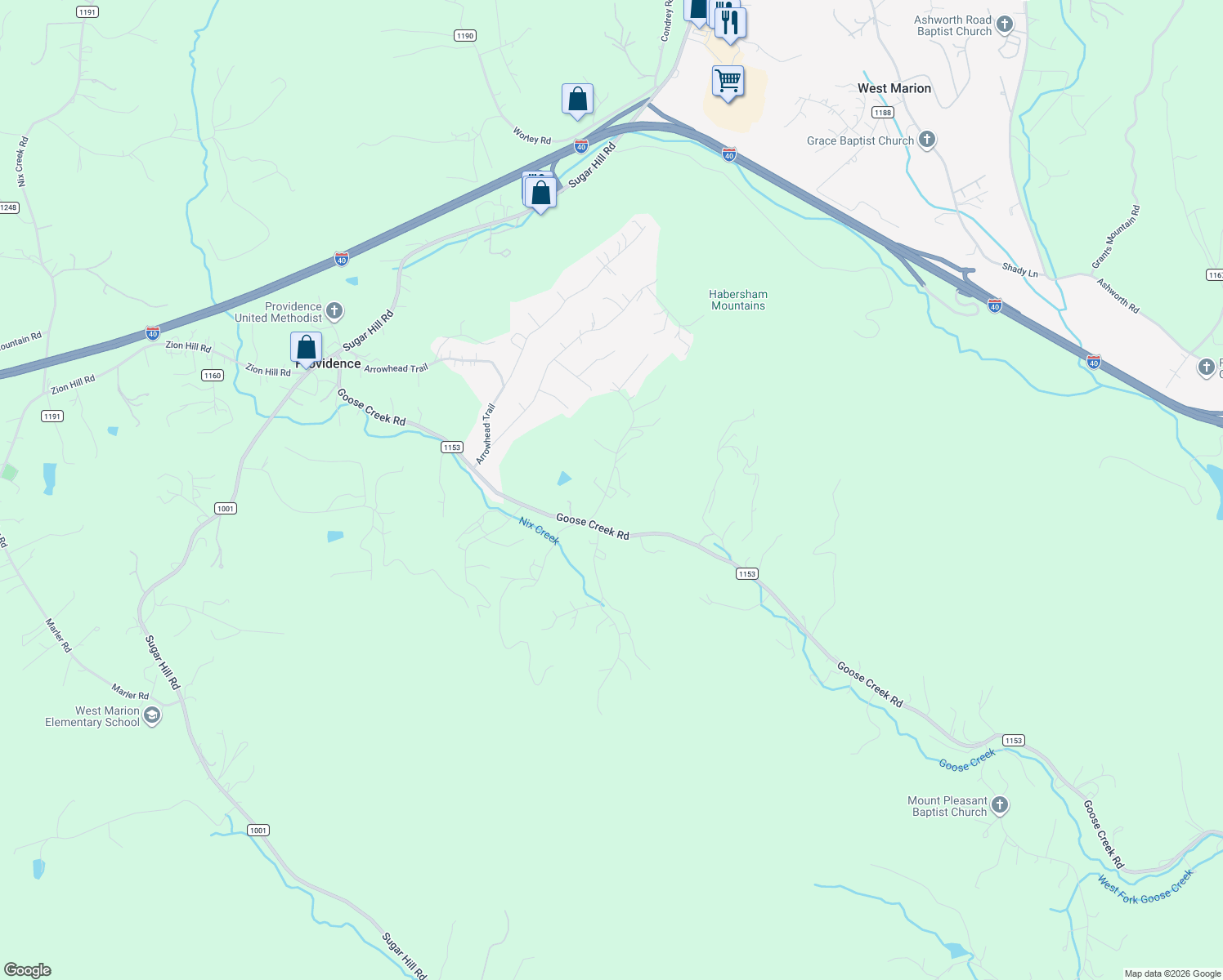 map of restaurants, bars, coffee shops, grocery stores, and more near 124 Love Drive in Marion