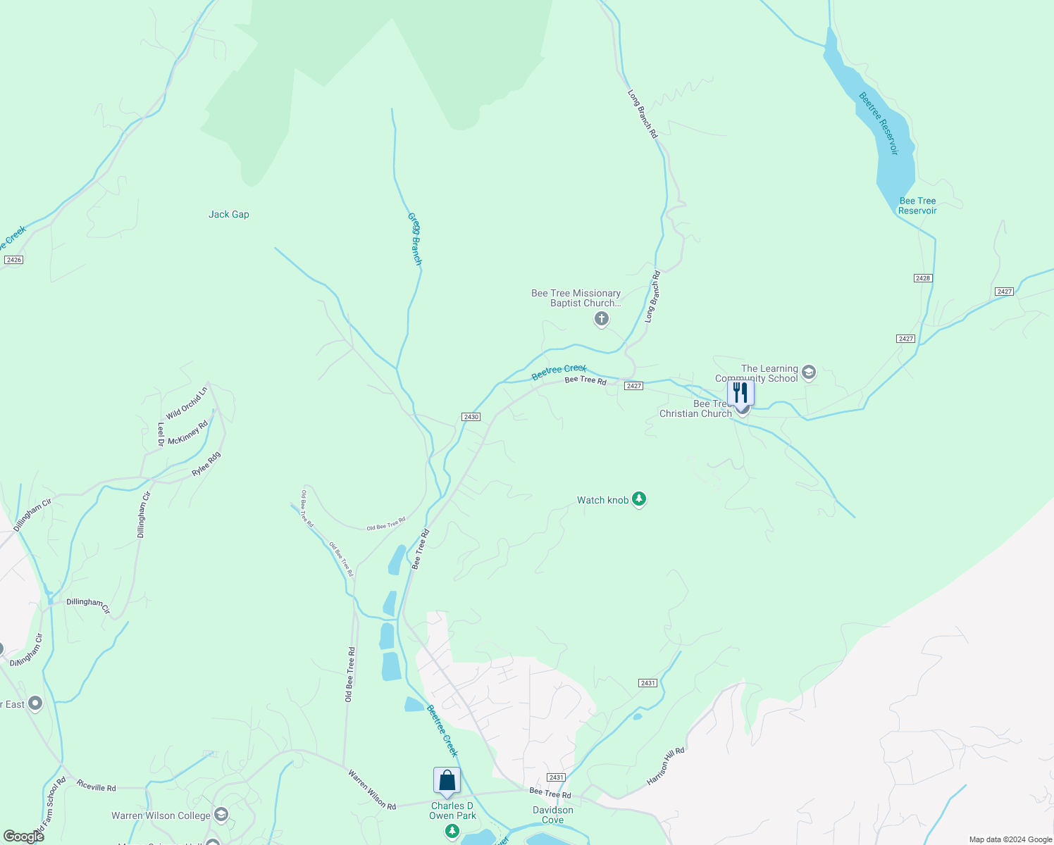 map of restaurants, bars, coffee shops, grocery stores, and more near 921 Bee Tree Road in Swannanoa