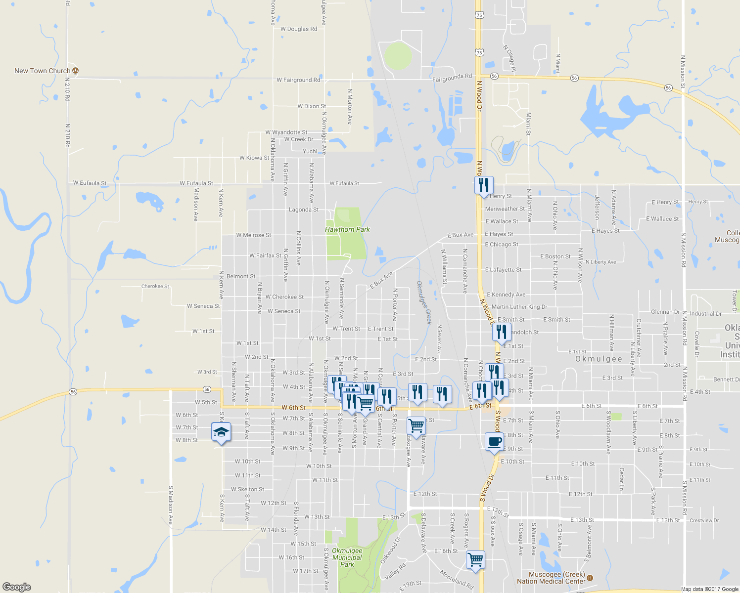 map of restaurants, bars, coffee shops, grocery stores, and more near 901 North Grand Avenue in Okmulgee