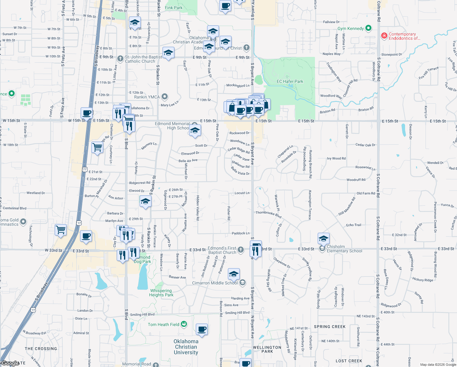map of restaurants, bars, coffee shops, grocery stores, and more near 1208 Ridgecrest Road in Edmond