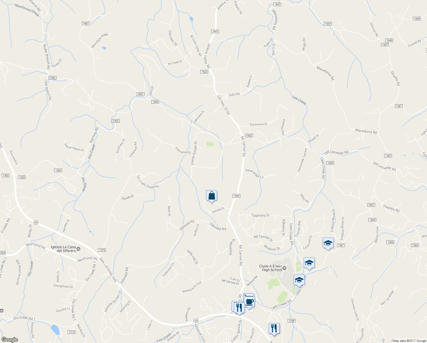 map of restaurants, bars, coffee shops, grocery stores, and more near 55 Foster Estate Drive in Asheville