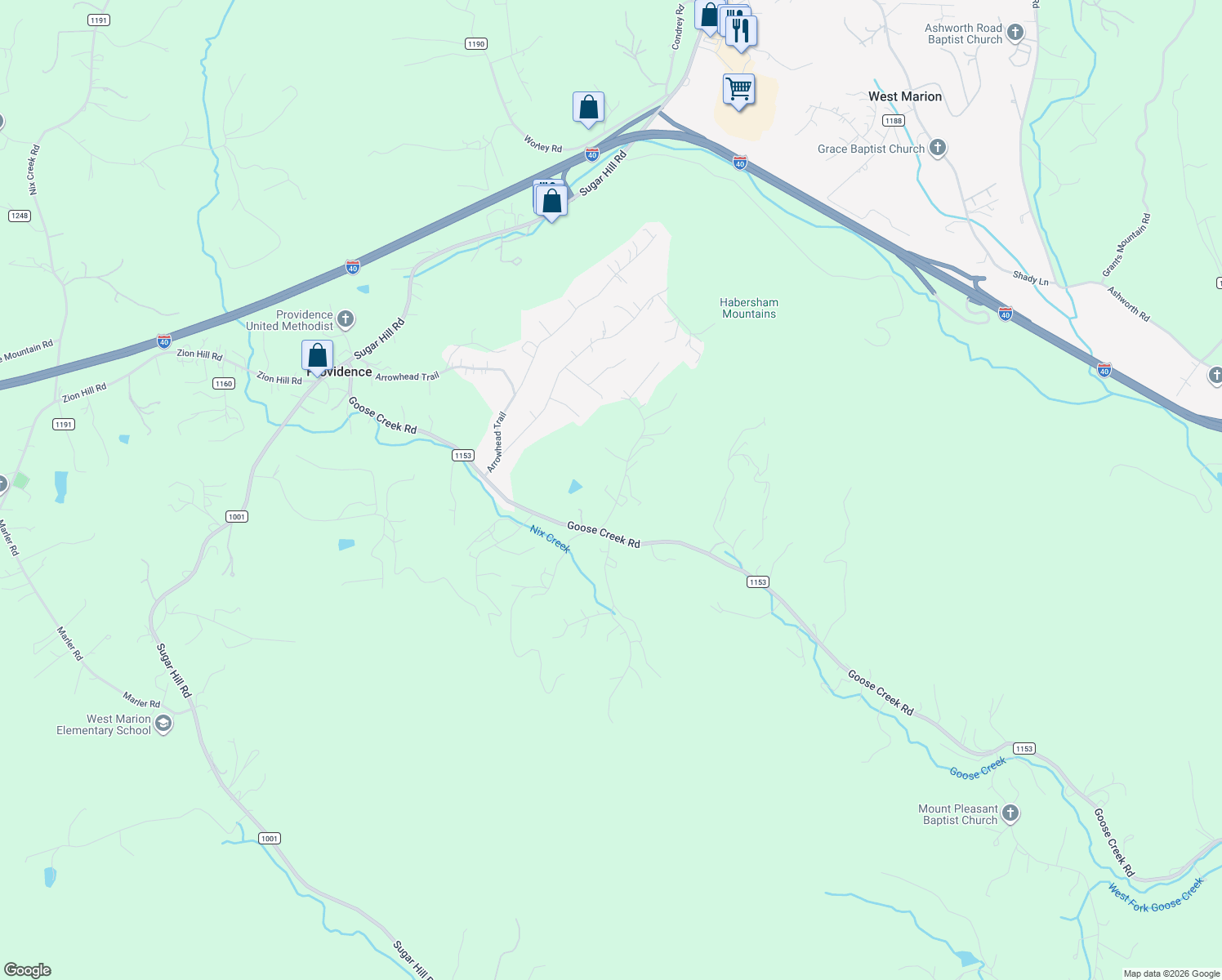 map of restaurants, bars, coffee shops, grocery stores, and more near 124 Love Drive in Marion