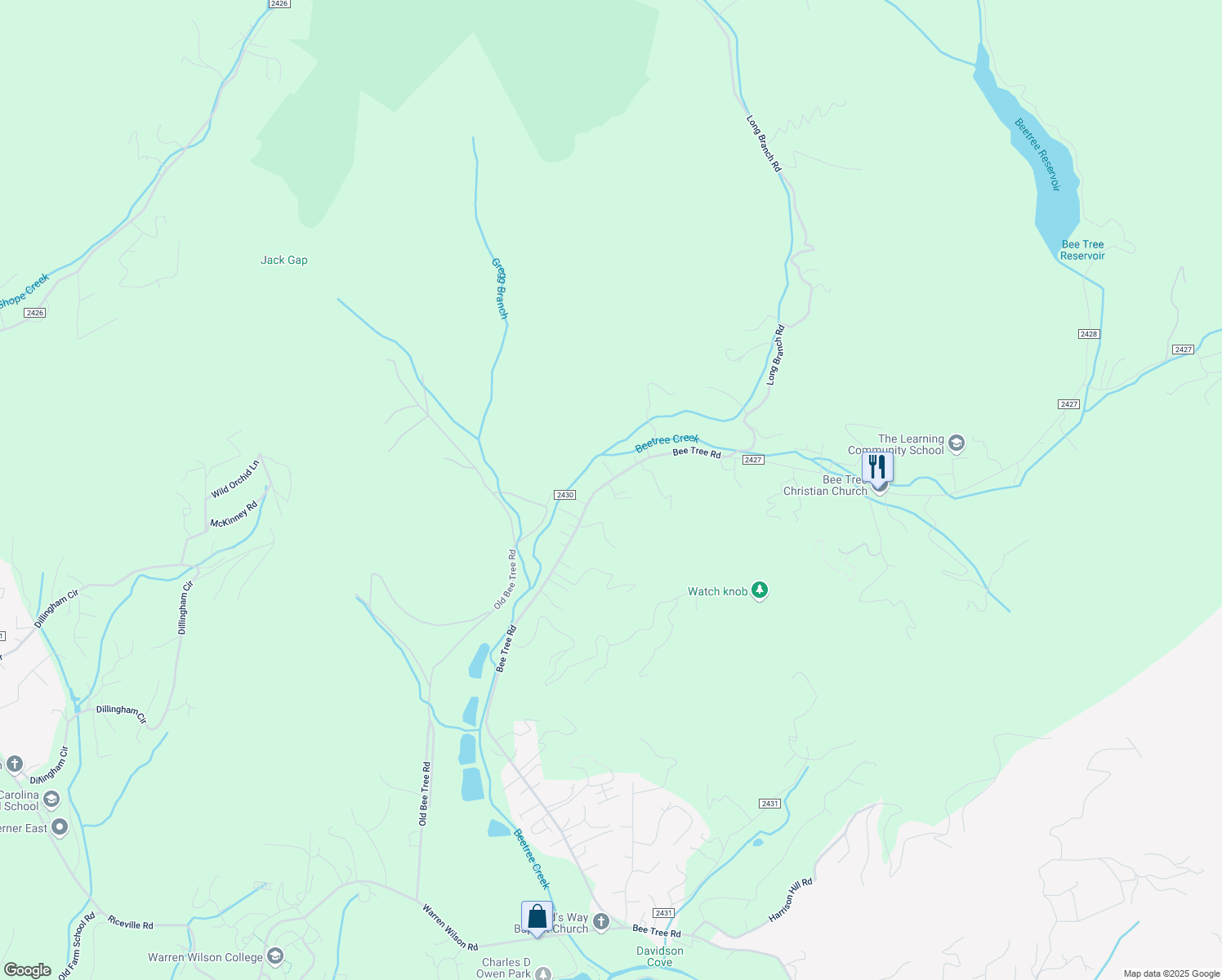 map of restaurants, bars, coffee shops, grocery stores, and more near 921 Bee Tree Road in Swannanoa