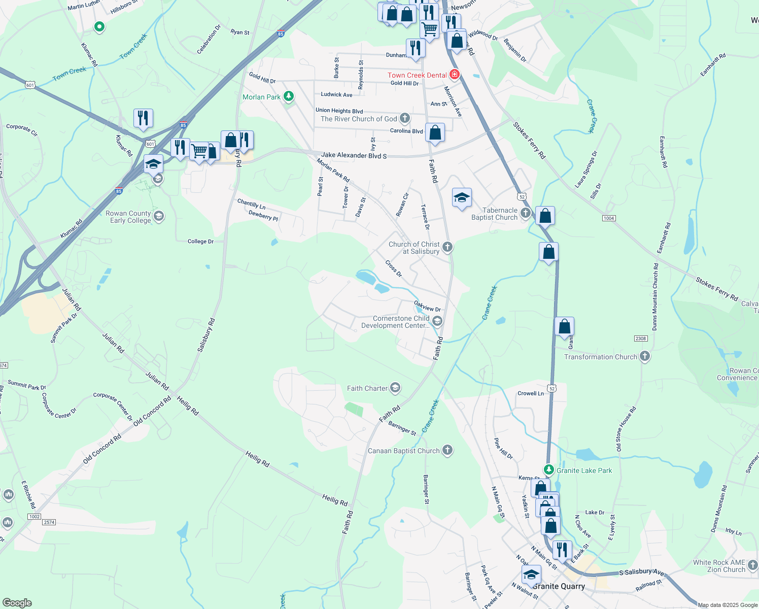map of restaurants, bars, coffee shops, grocery stores, and more near 317 Oakview Drive in Salisbury