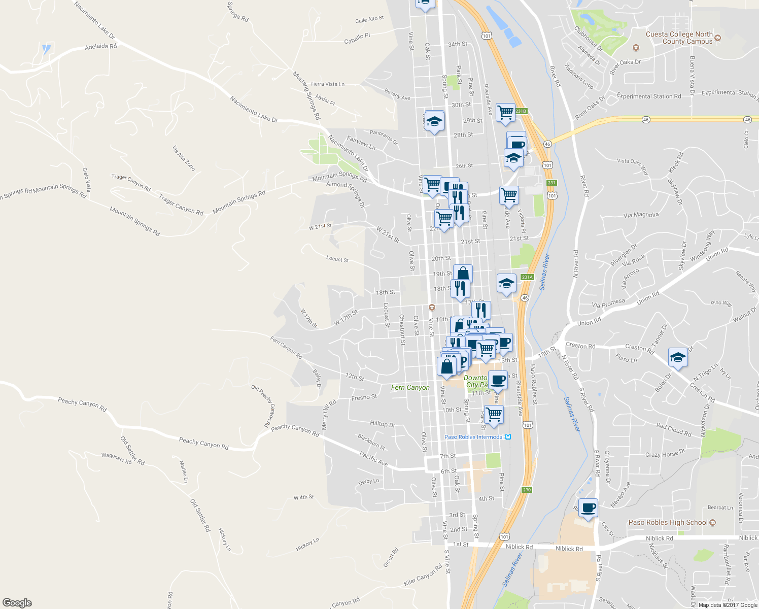 map of restaurants, bars, coffee shops, grocery stores, and more near 117 17th Street in Paso Robles