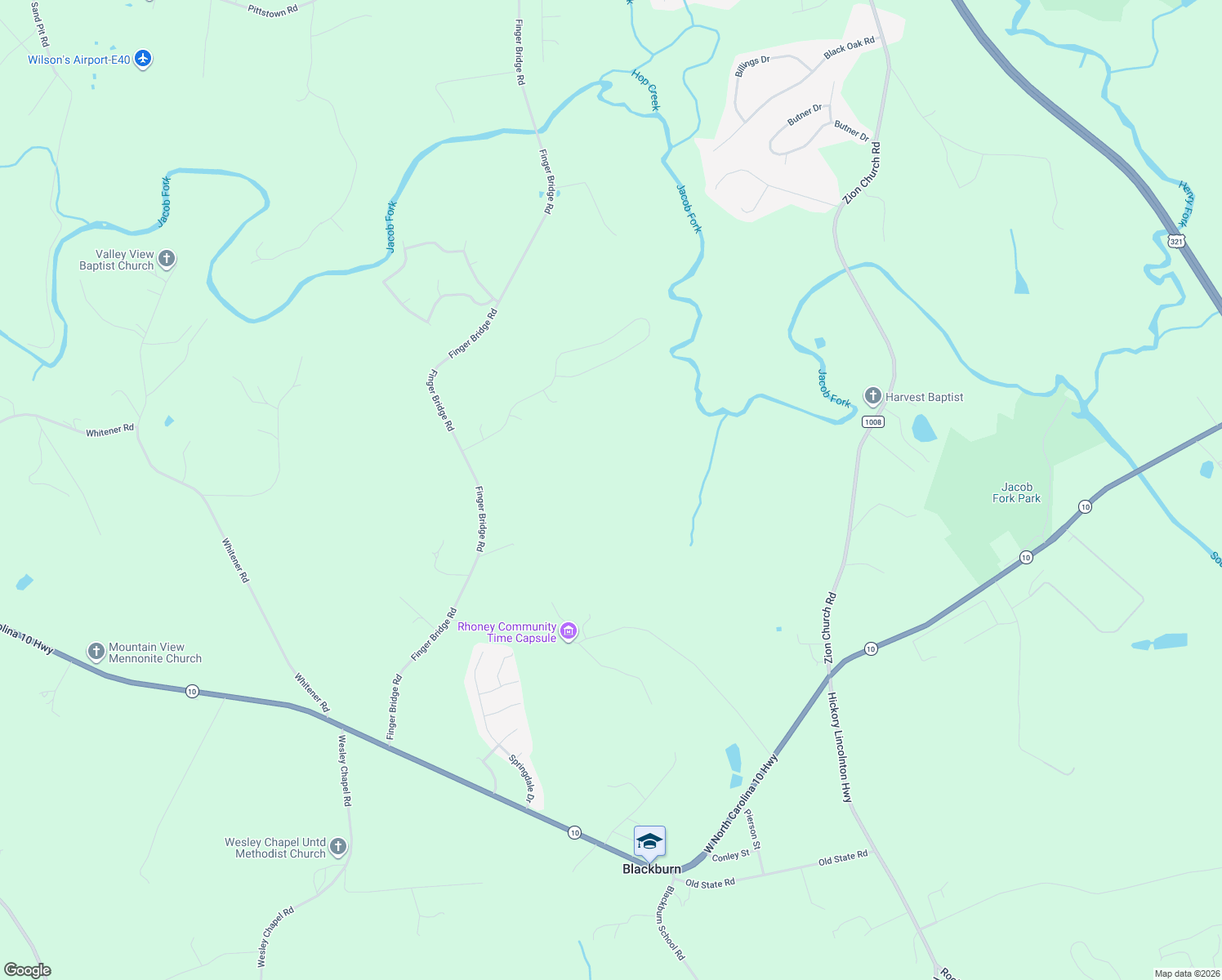 map of restaurants, bars, coffee shops, grocery stores, and more near 2114 Finger Bridge Road in Hickory