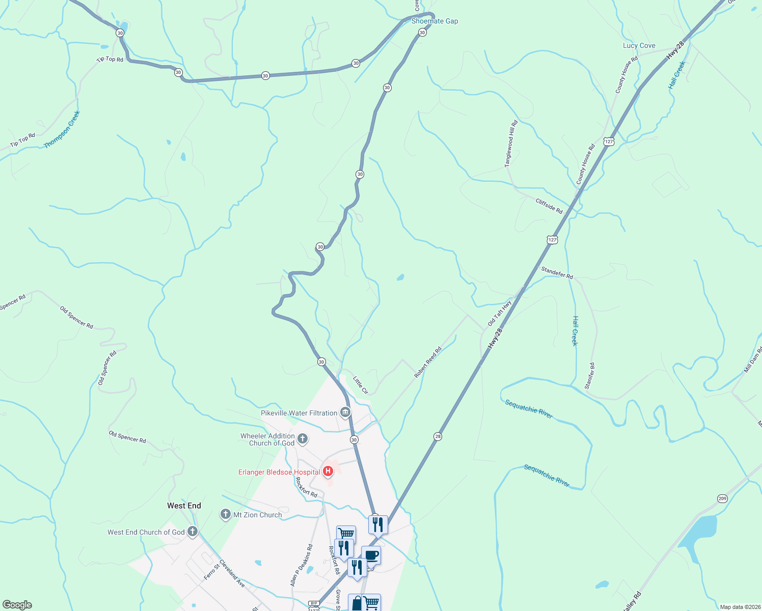 map of restaurants, bars, coffee shops, grocery stores, and more near 412 Holland Road in Pikeville