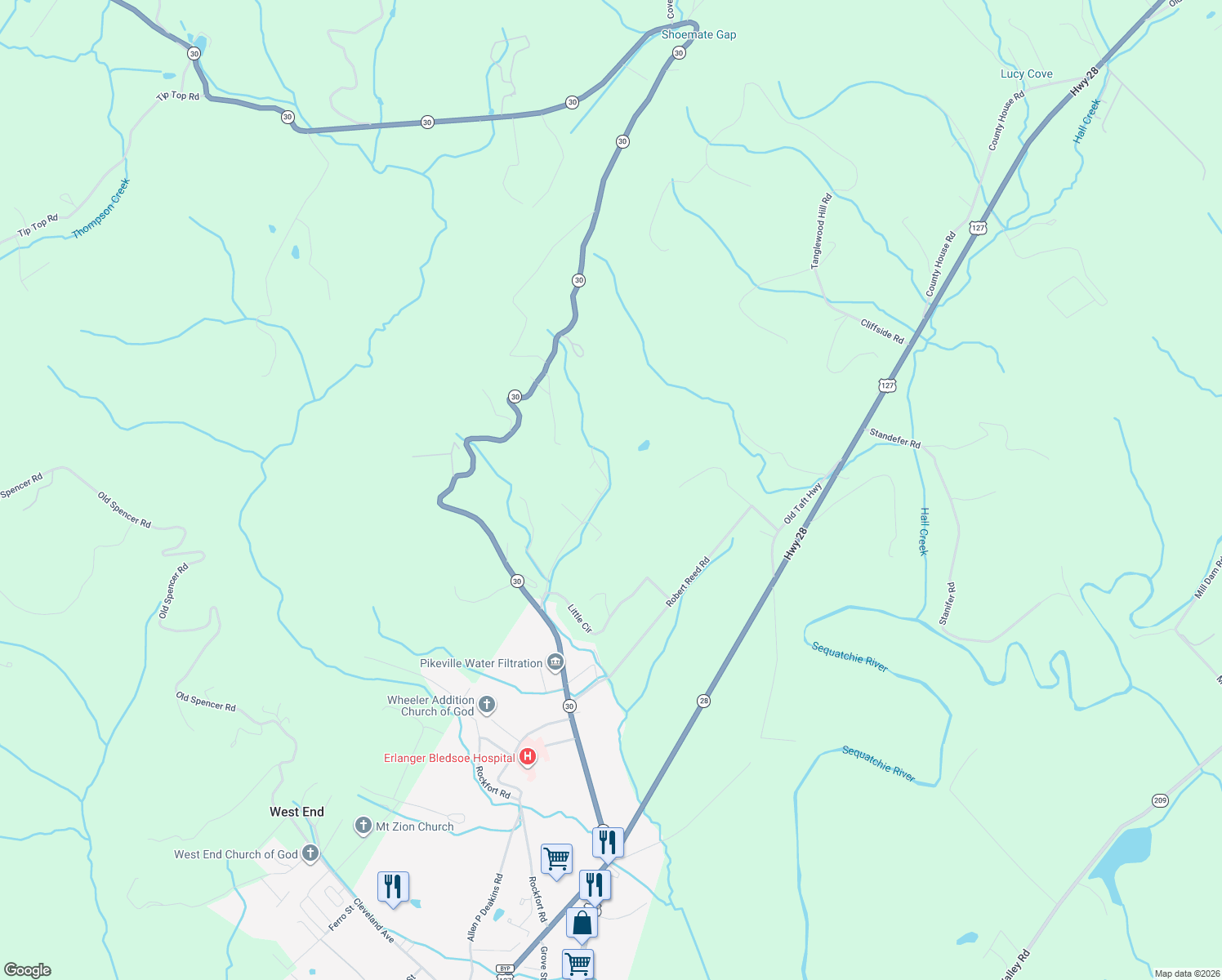 map of restaurants, bars, coffee shops, grocery stores, and more near 412 Holland Road in Pikeville
