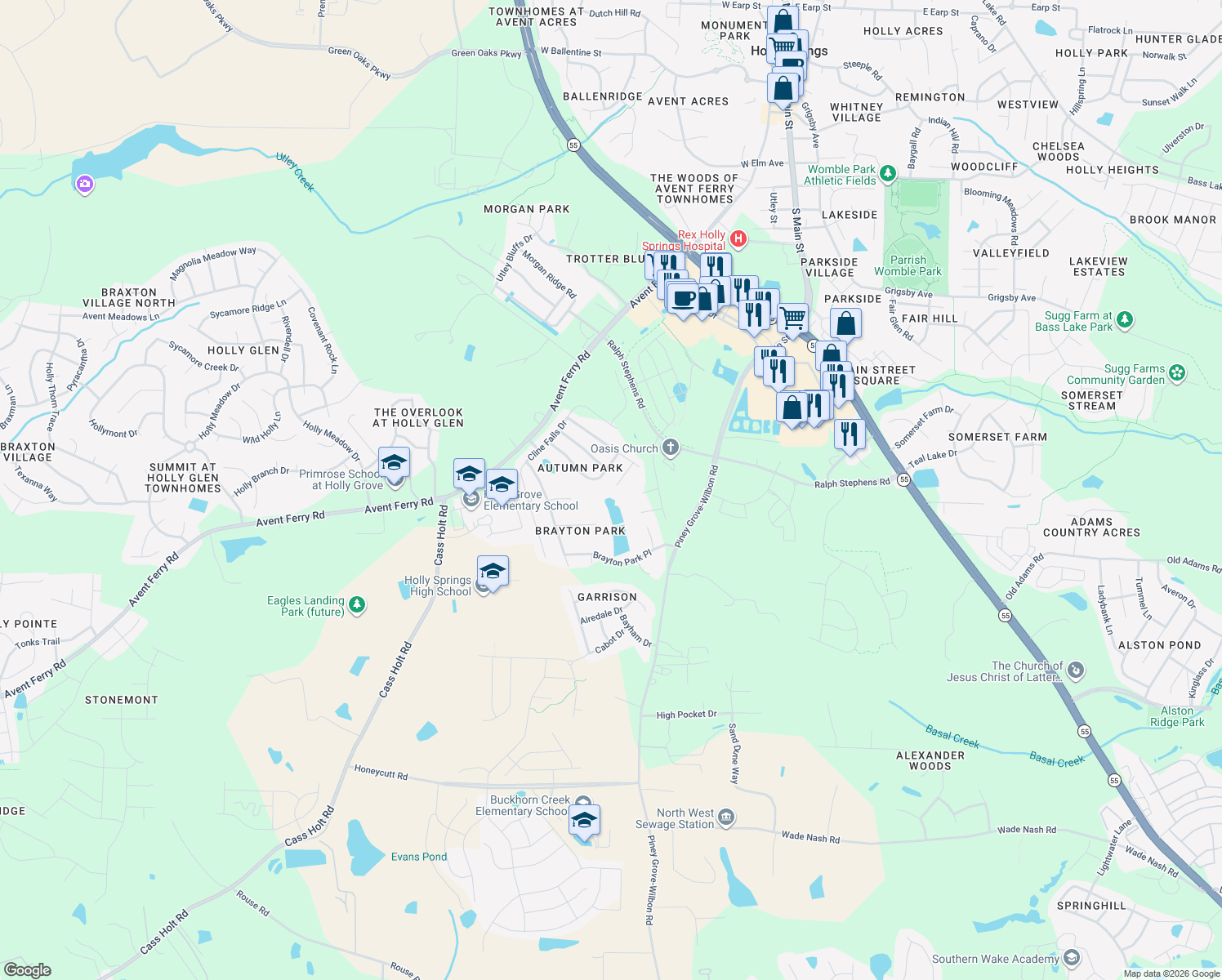 map of restaurants, bars, coffee shops, grocery stores, and more near 132 Touvelle Court in Holly Springs