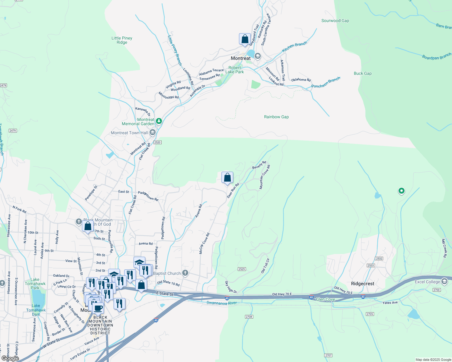 map of restaurants, bars, coffee shops, grocery stores, and more near 28 Lookout Terrace Road in Black Mountain