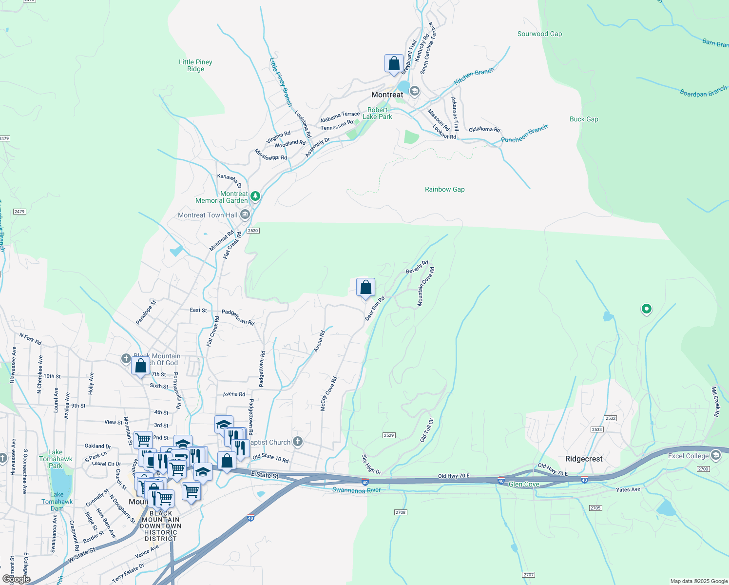 map of restaurants, bars, coffee shops, grocery stores, and more near 28 Lookout Terrace Road in Black Mountain
