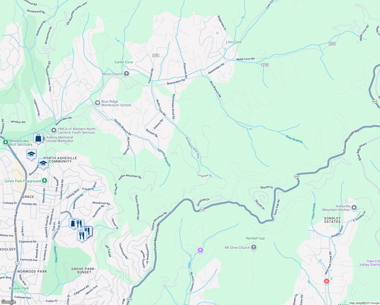 map of restaurants, bars, coffee shops, grocery stores, and more near 19 Poplar Run Circle in Asheville