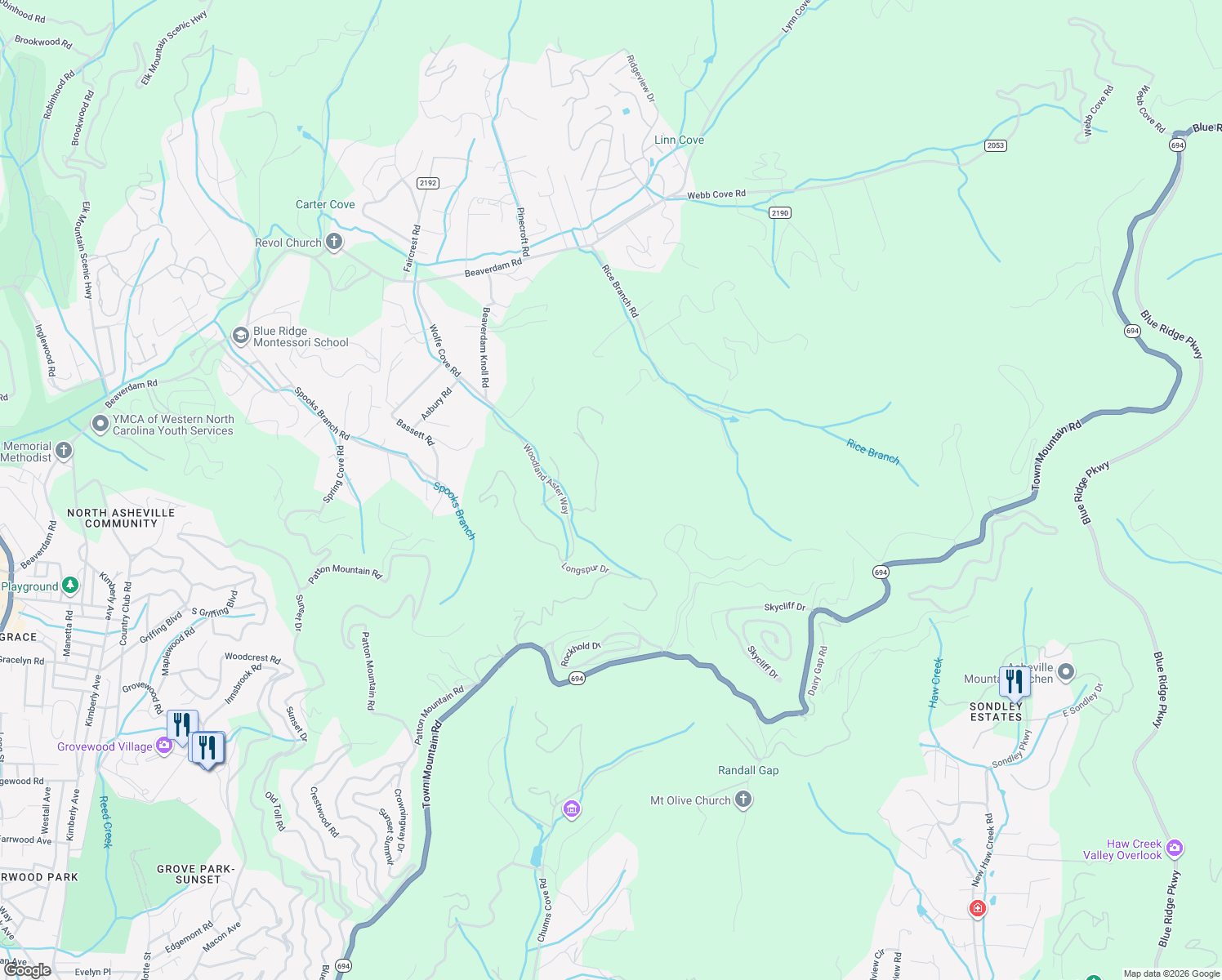 map of restaurants, bars, coffee shops, grocery stores, and more near 25 Franklin Trace Drive in Asheville