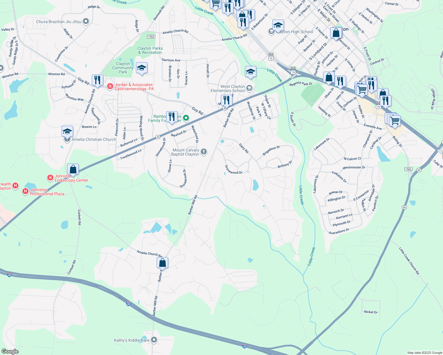 map of restaurants, bars, coffee shops, grocery stores, and more near 300 Hunter Way in Clayton