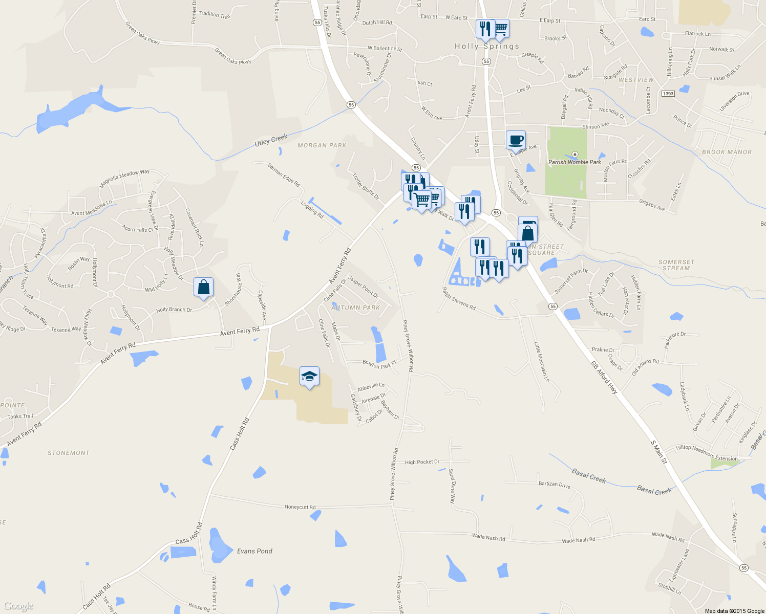 map of restaurants, bars, coffee shops, grocery stores, and more near 104 Touvelle Court in Holly Springs