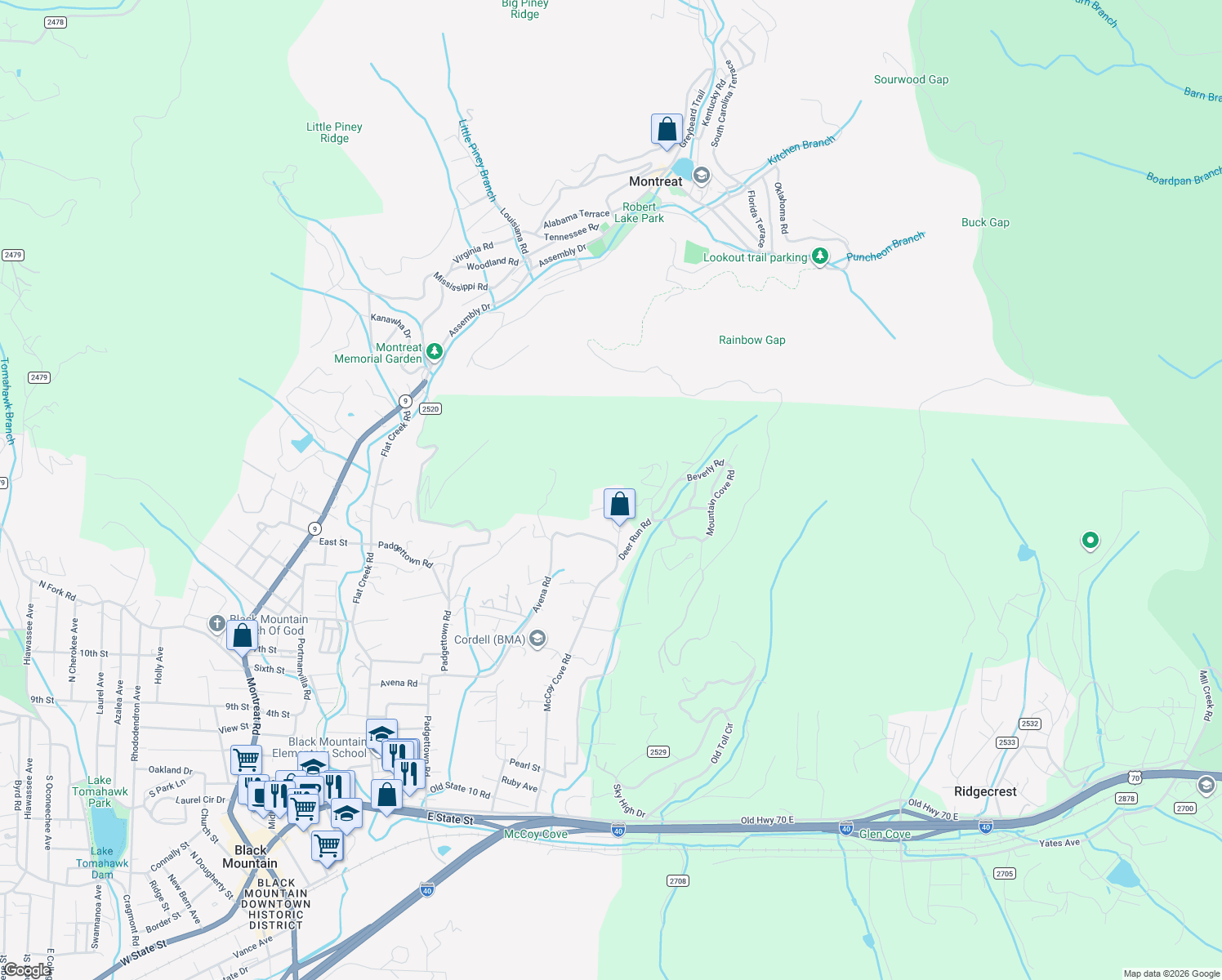 map of restaurants, bars, coffee shops, grocery stores, and more near 99999 Lookout Terrace Road in Black Mountain