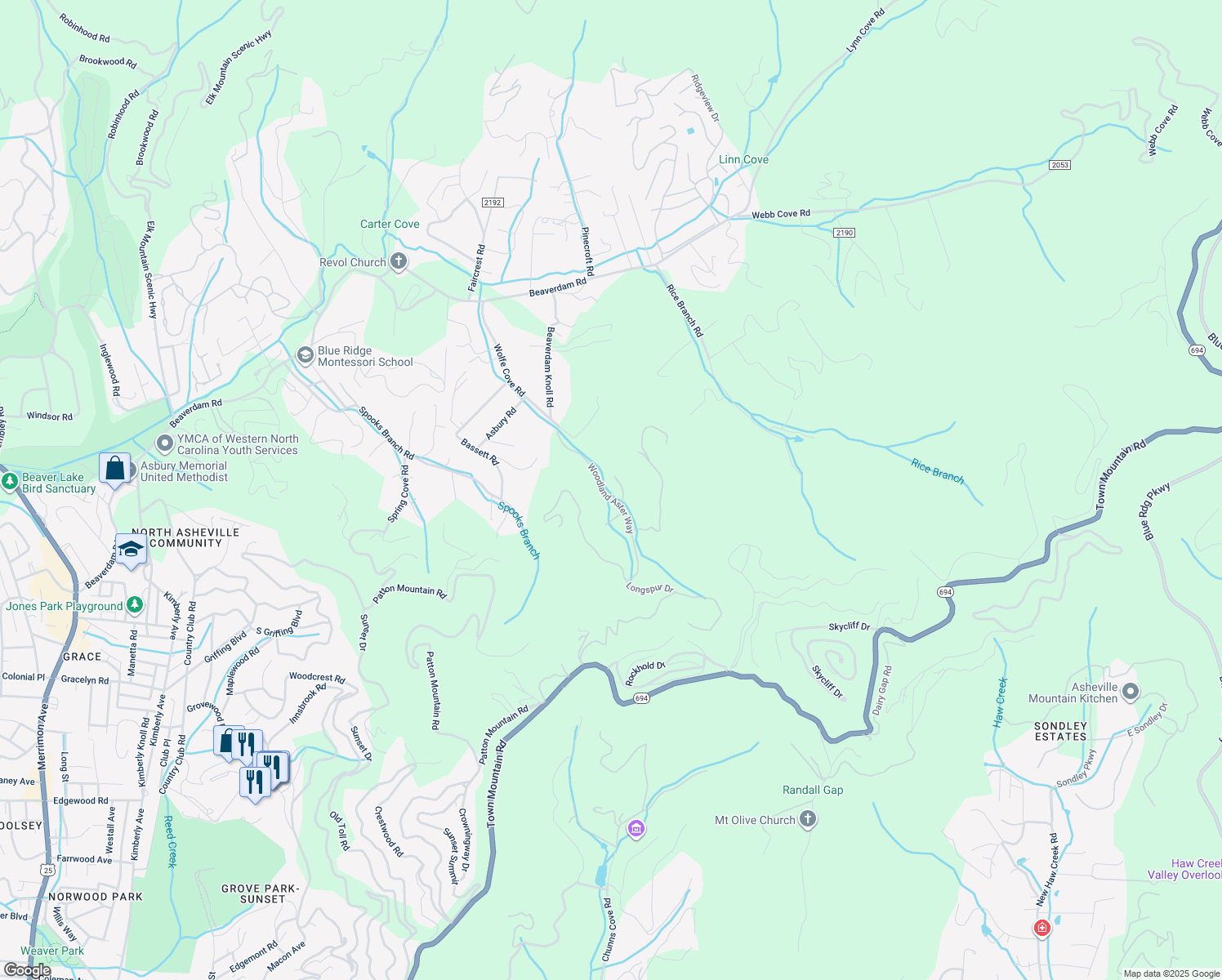 map of restaurants, bars, coffee shops, grocery stores, and more near 11 Twinflower Trail in Asheville
