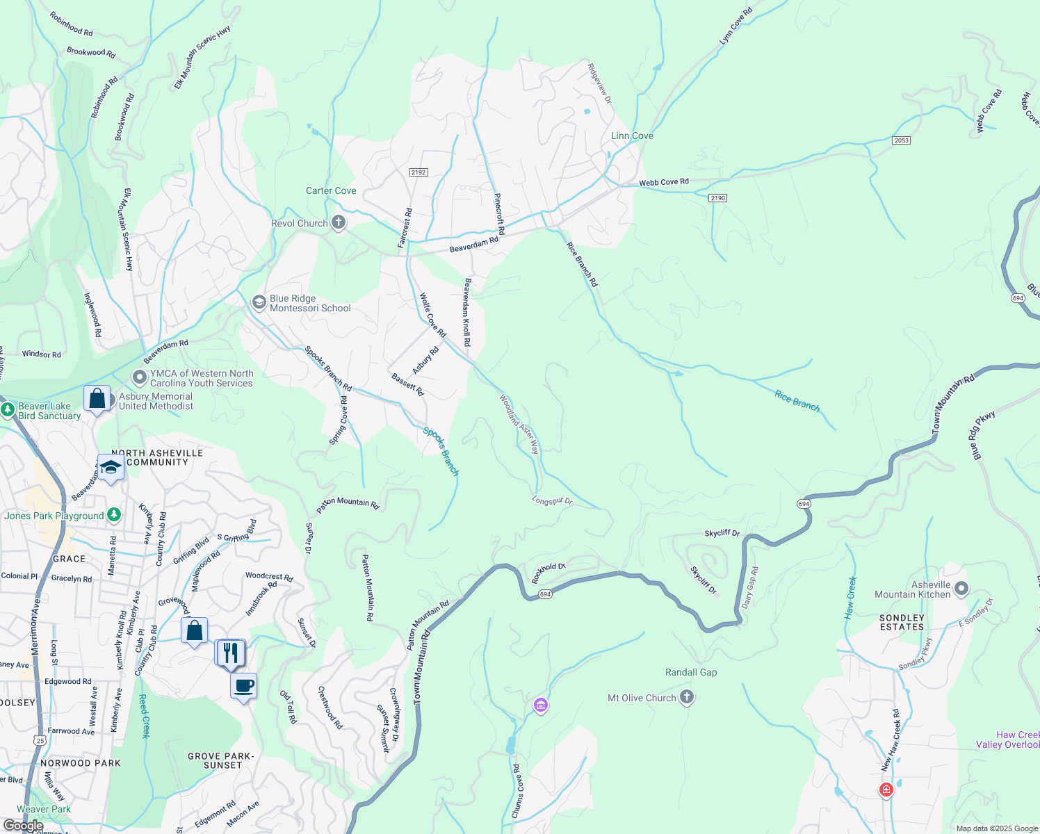 map of restaurants, bars, coffee shops, grocery stores, and more near 11 Twinflower Trail in Asheville
