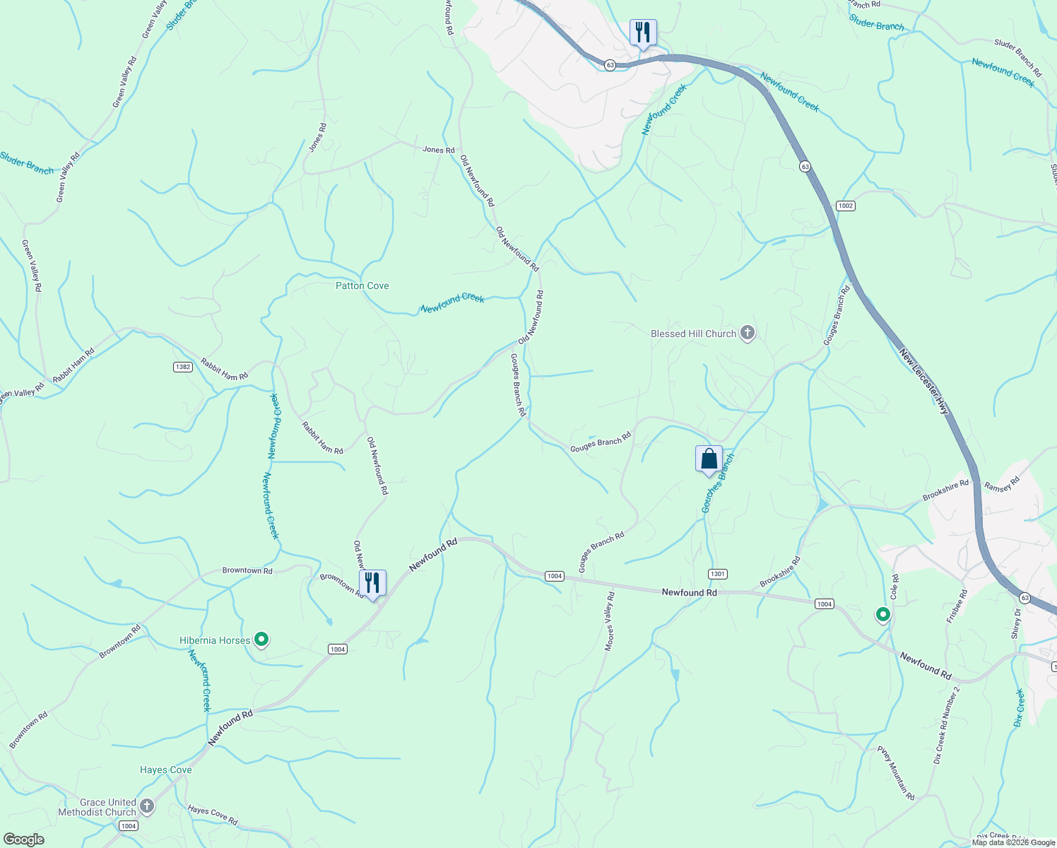 map of restaurants, bars, coffee shops, grocery stores, and more near 1005 Gouges Branch Road in Leicester