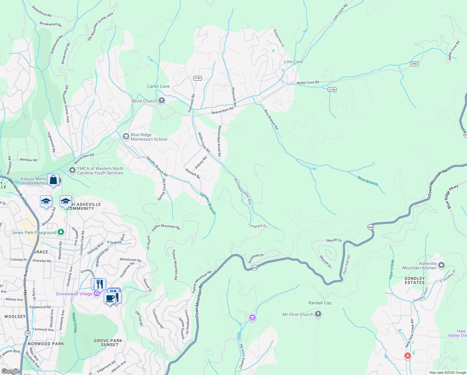 map of restaurants, bars, coffee shops, grocery stores, and more near 72 Woodland Terrace in Asheville