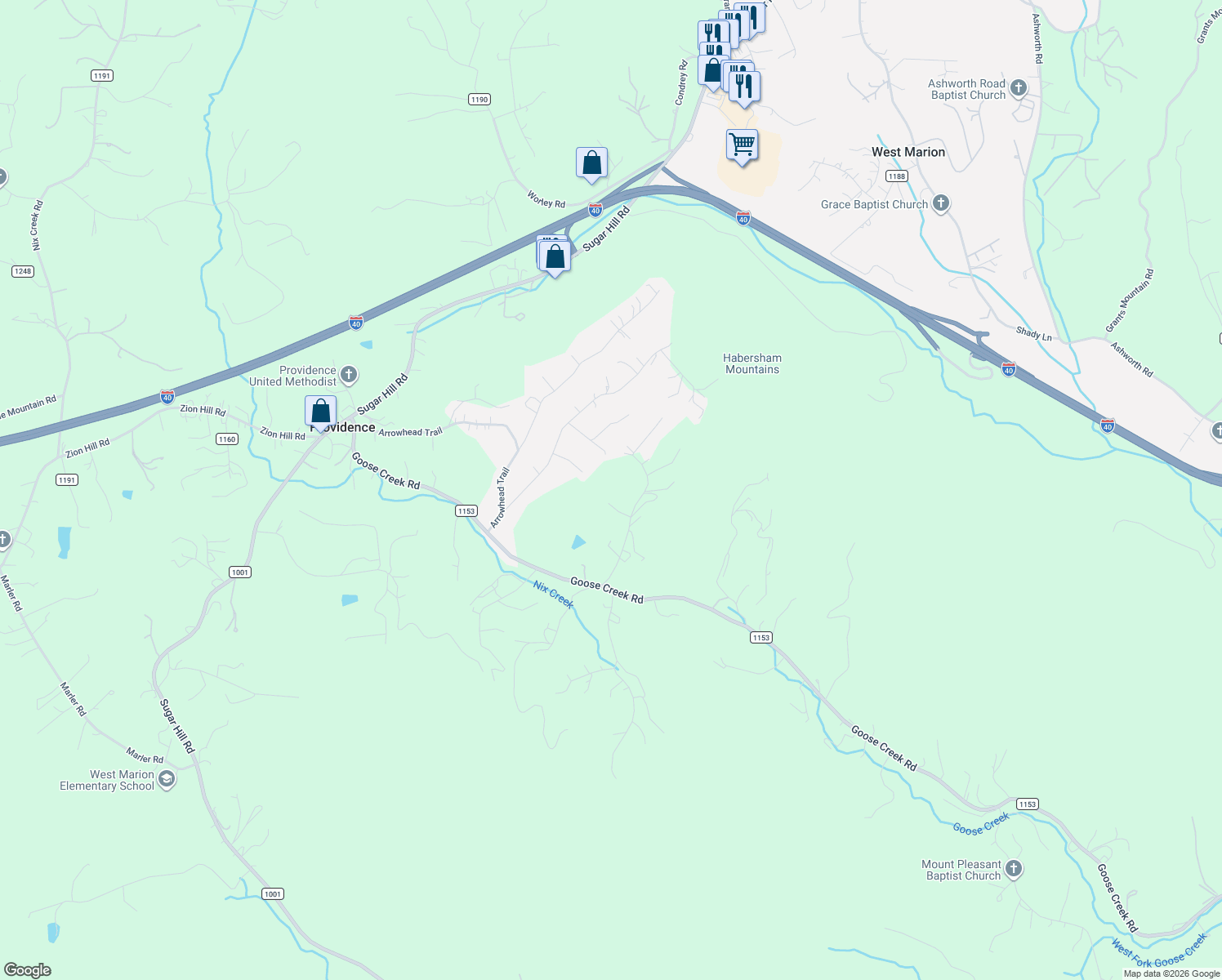 map of restaurants, bars, coffee shops, grocery stores, and more near 221 Love Drive in Marion