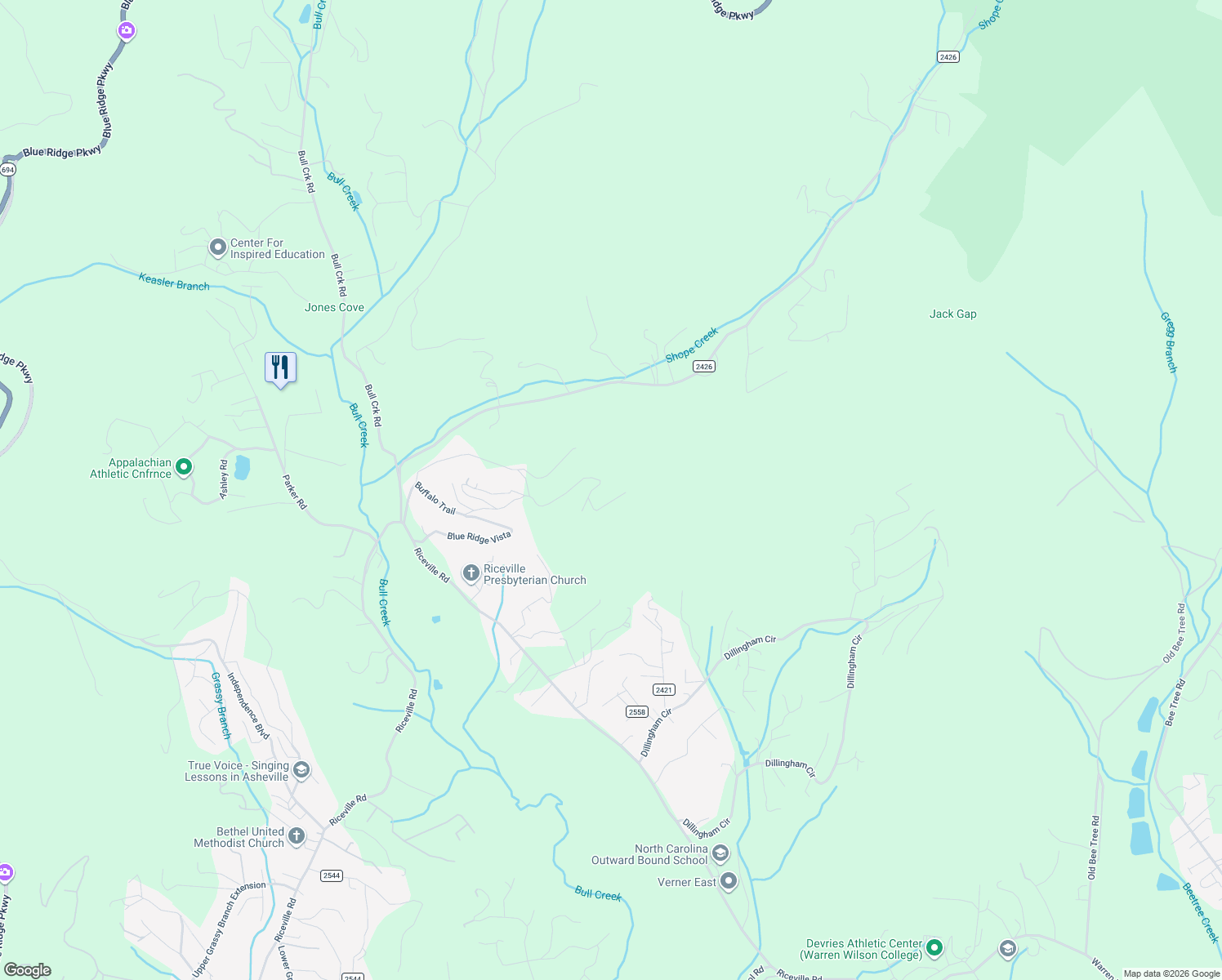 map of restaurants, bars, coffee shops, grocery stores, and more near 504 Sugar Maple Lane in Asheville