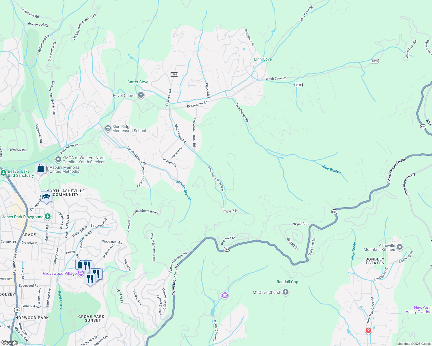 map of restaurants, bars, coffee shops, grocery stores, and more near 11 Twinflower Trail in Asheville