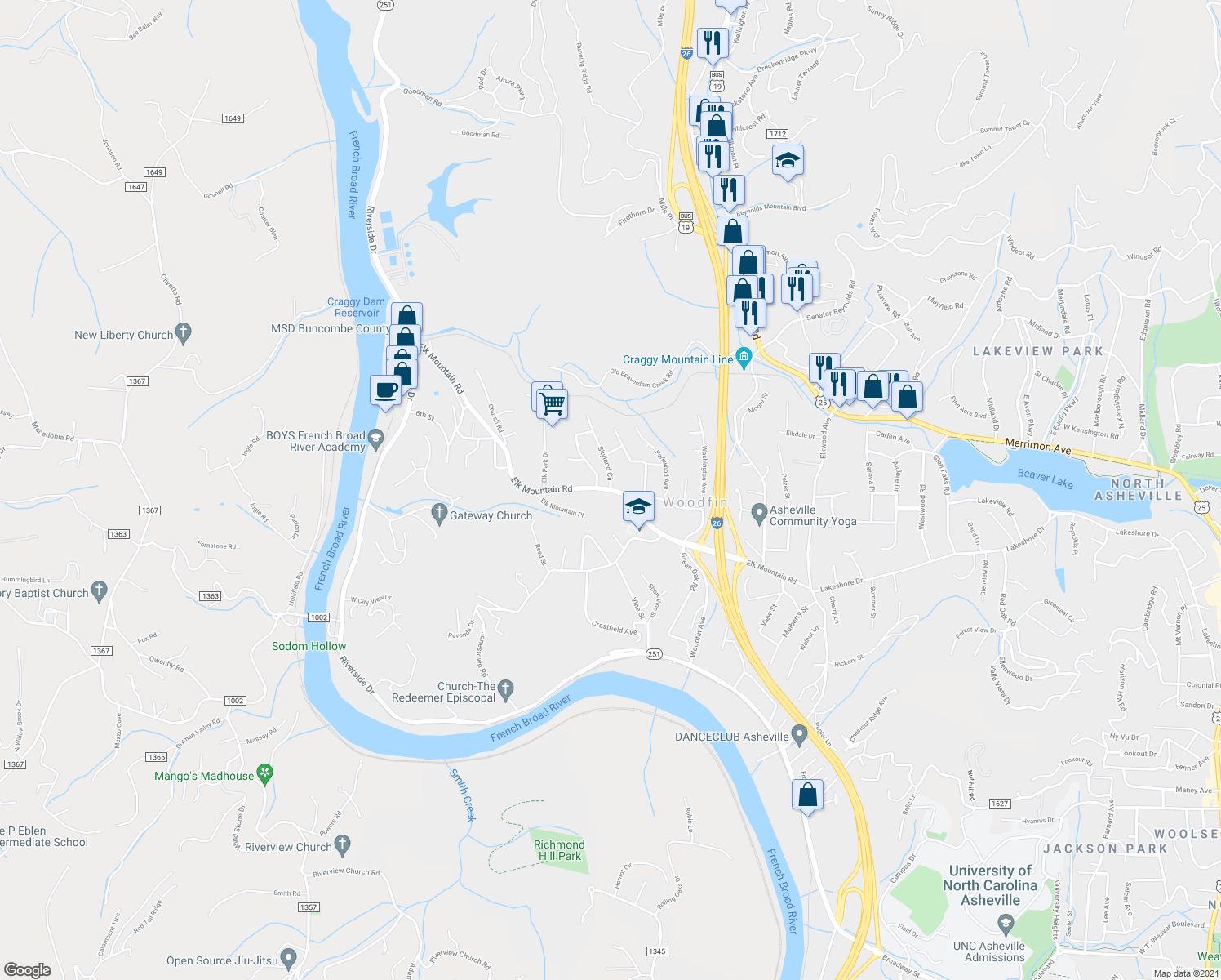 map of restaurants, bars, coffee shops, grocery stores, and more near Elk Mountain Road in Asheville