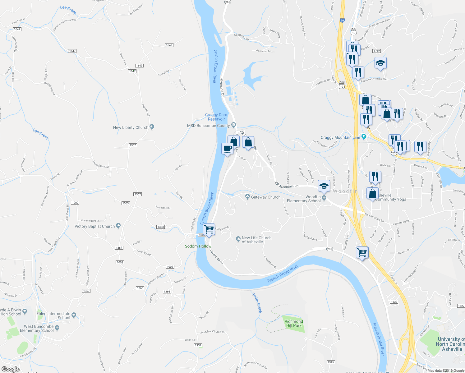 map of restaurants, bars, coffee shops, grocery stores, and more near 22 Trey-Bourne Drive in Woodfin