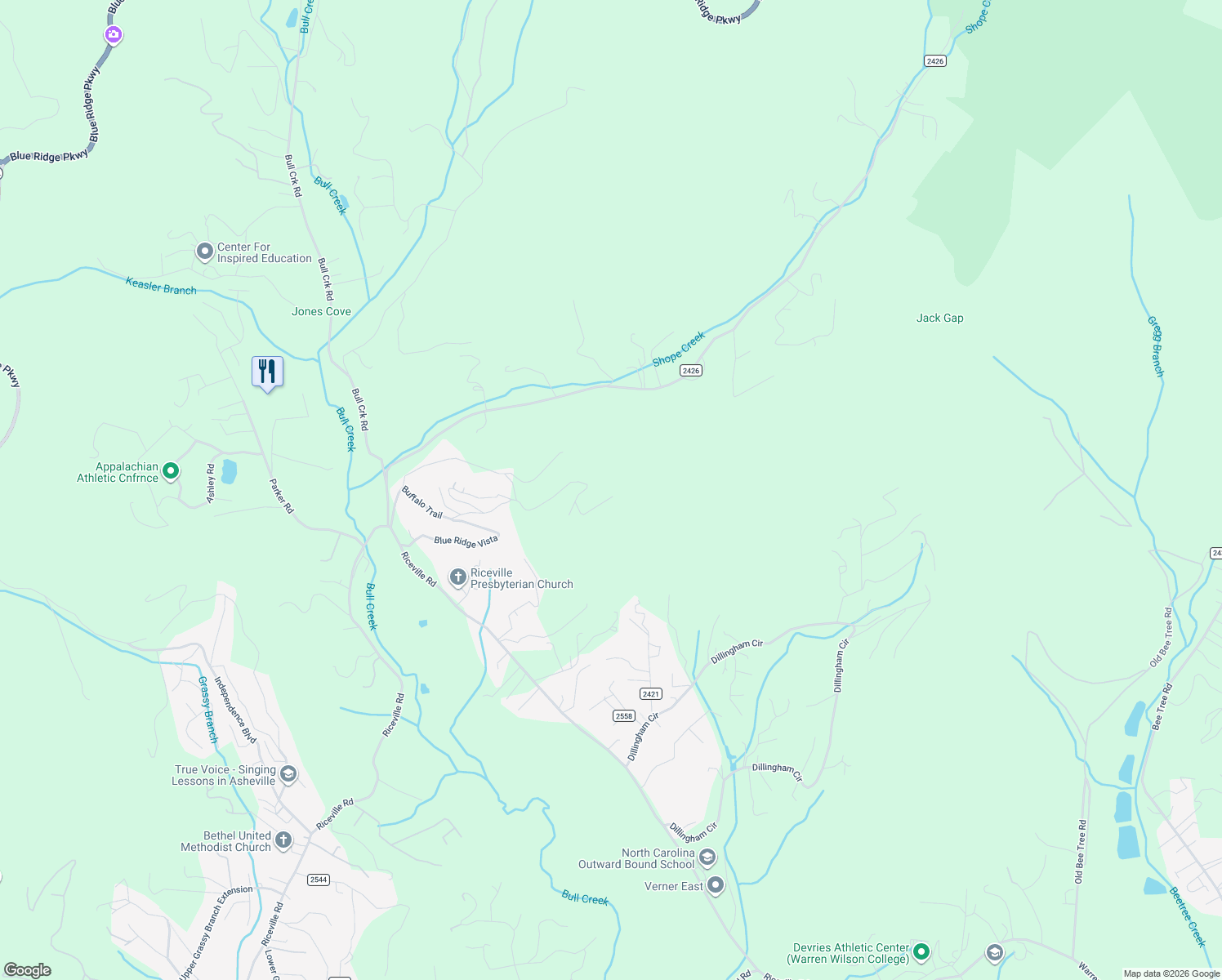 map of restaurants, bars, coffee shops, grocery stores, and more near 504 Sugar Maple Lane in Asheville