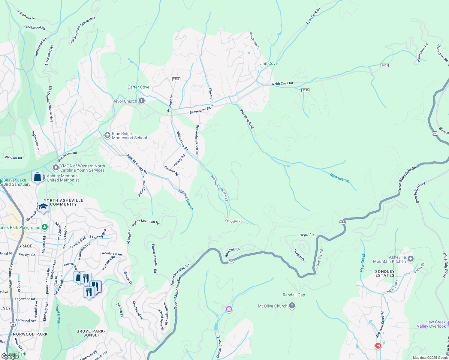 map of restaurants, bars, coffee shops, grocery stores, and more near 11 Twinflower Trail in Asheville