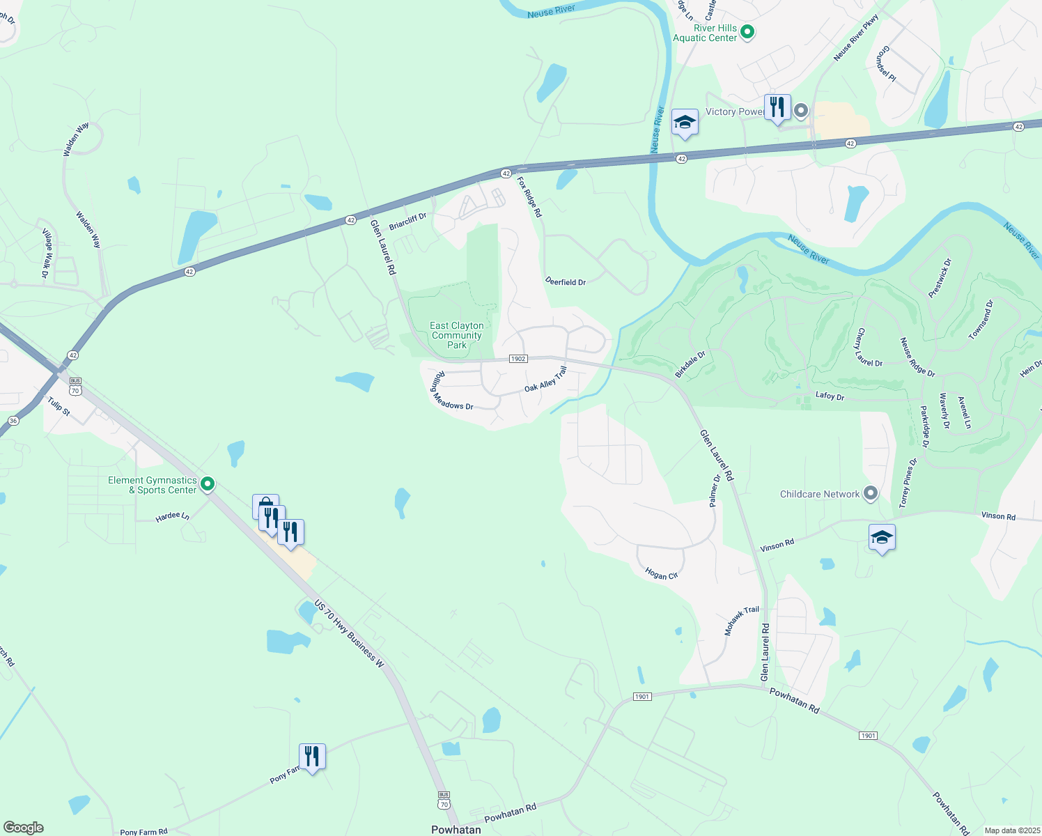 map of restaurants, bars, coffee shops, grocery stores, and more near 98 Hemlock Green Lane in Clayton