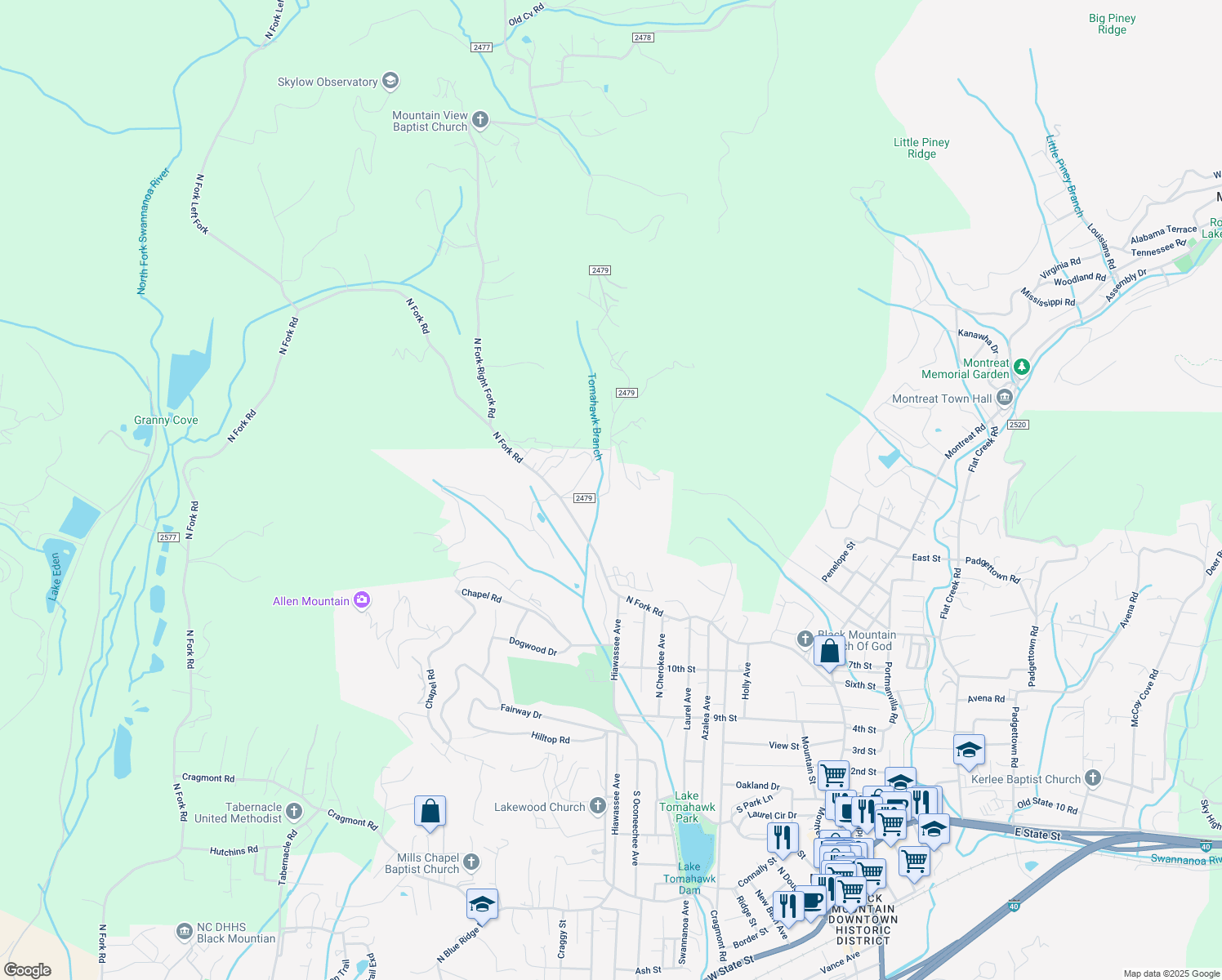 map of restaurants, bars, coffee shops, grocery stores, and more near 19 Walker Cove Road in Black Mountain