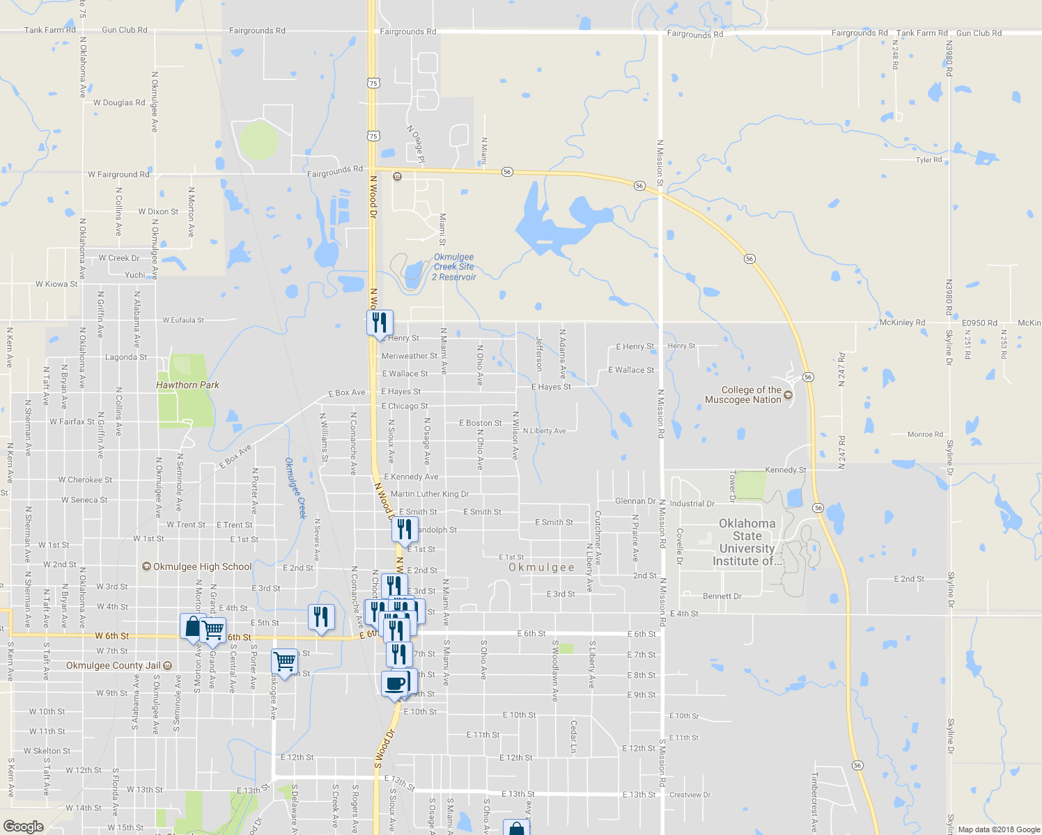 map of restaurants, bars, coffee shops, grocery stores, and more near 1123 North Wilson Avenue in Okmulgee