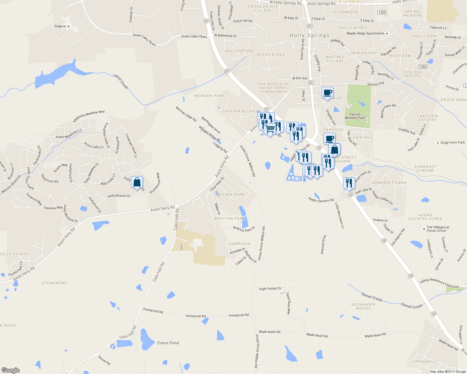 map of restaurants, bars, coffee shops, grocery stores, and more near 133 Smith Rock Drive in Holly Springs