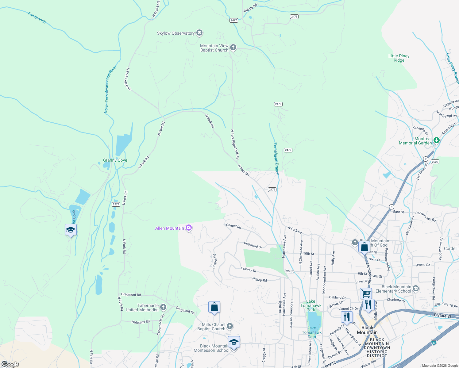 map of restaurants, bars, coffee shops, grocery stores, and more near 124 Richard Lane in Black Mountain