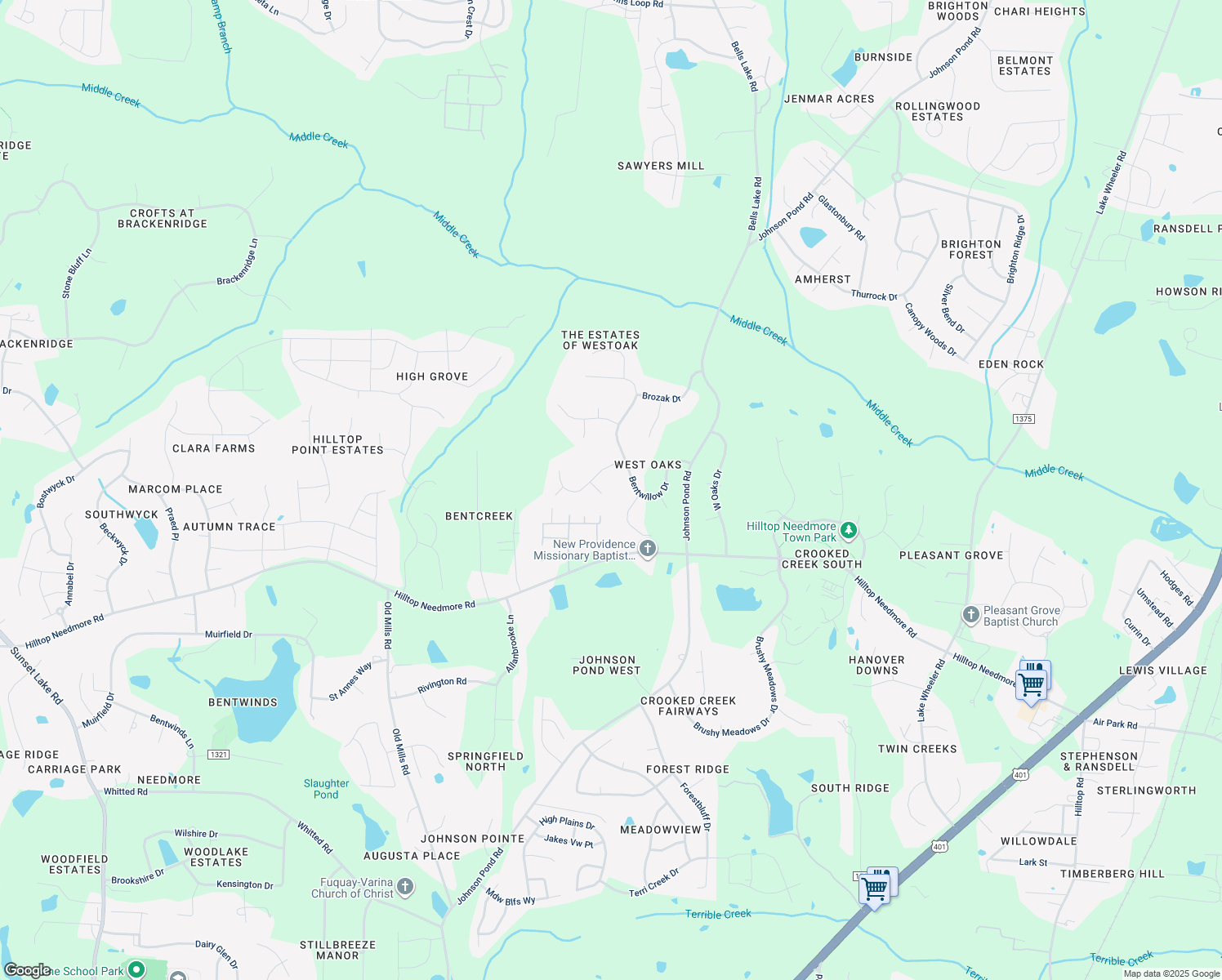 map of restaurants, bars, coffee shops, grocery stores, and more near 5105 Steuben Place in Fuquay Varina