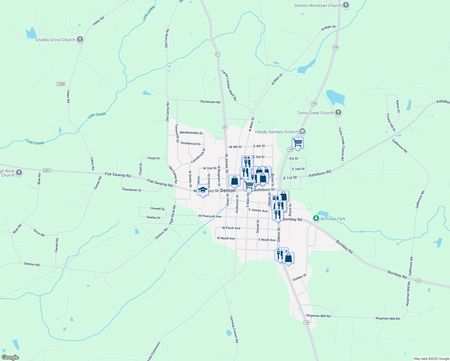 map of restaurants, bars, coffee shops, grocery stores, and more near 81 North Jones Street in Denton