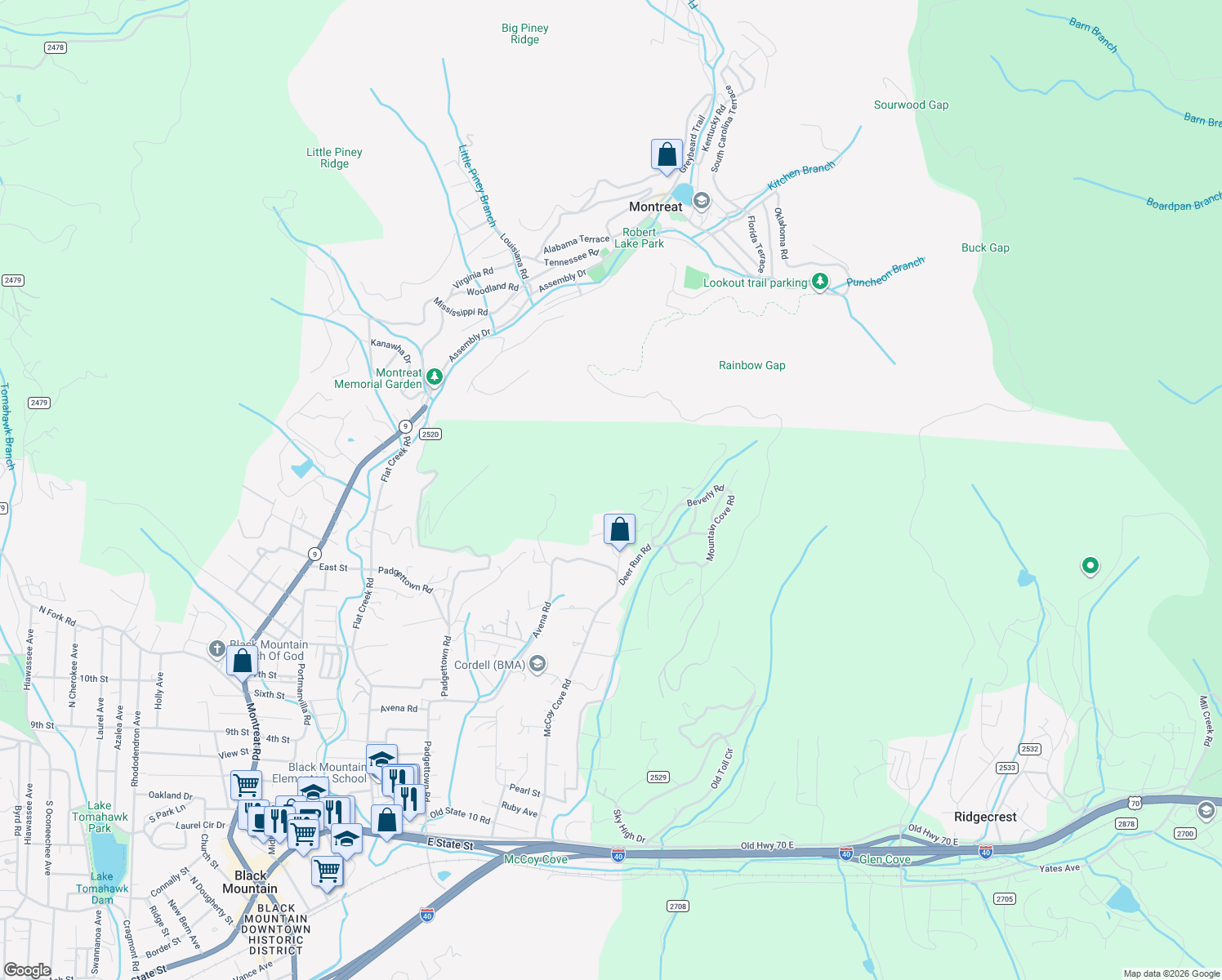 map of restaurants, bars, coffee shops, grocery stores, and more near 99999 Lookout Terrace Road in Black Mountain