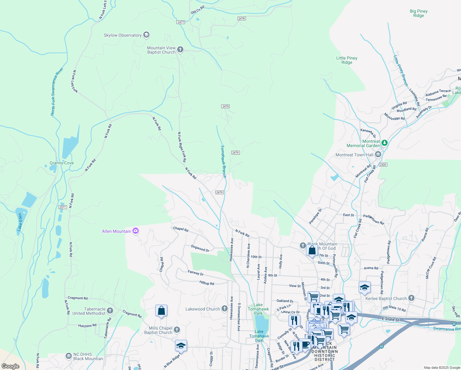map of restaurants, bars, coffee shops, grocery stores, and more near 19 Walker Cove Road in Black Mountain