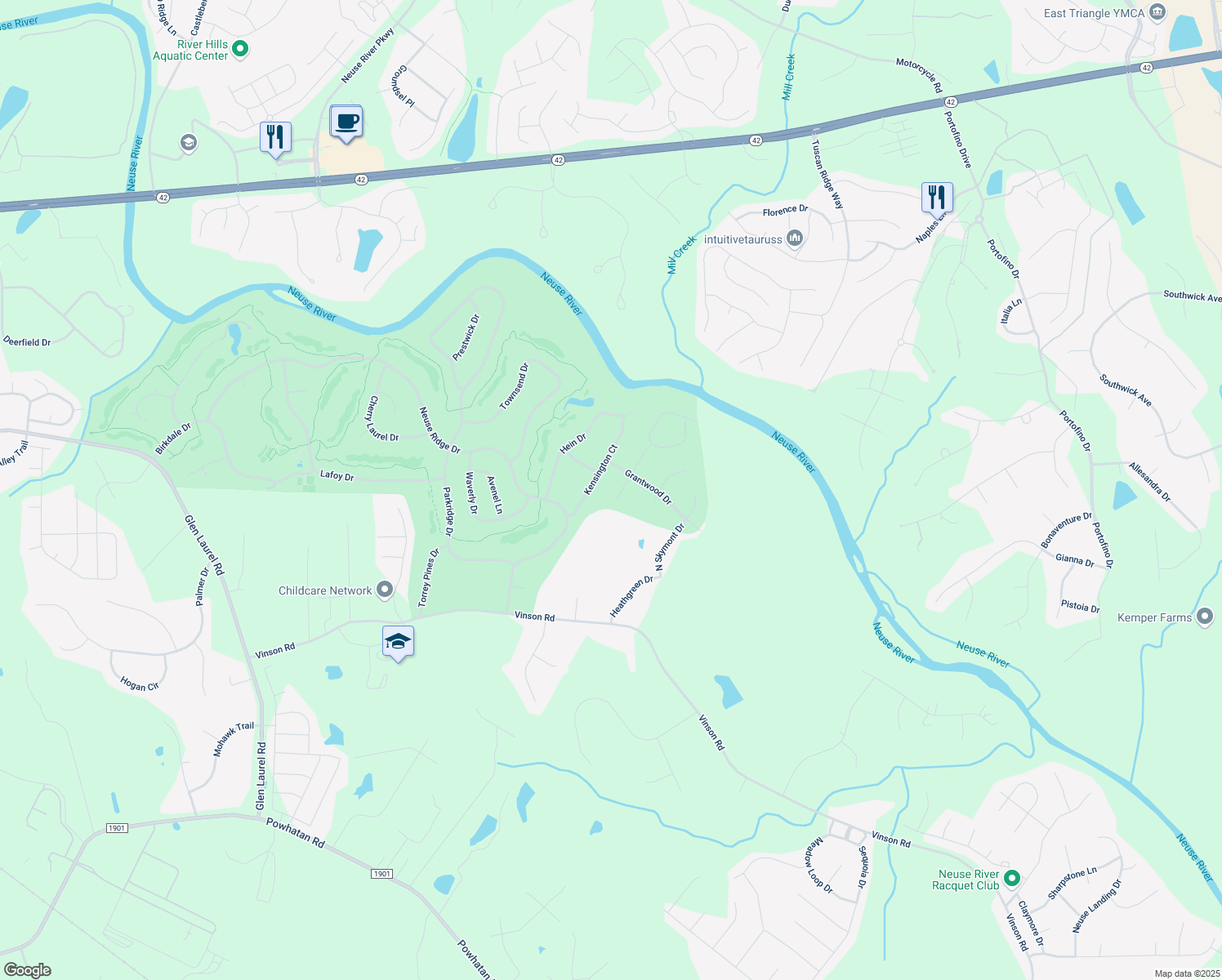 map of restaurants, bars, coffee shops, grocery stores, and more near 212 Middlecrest Way in Clayton