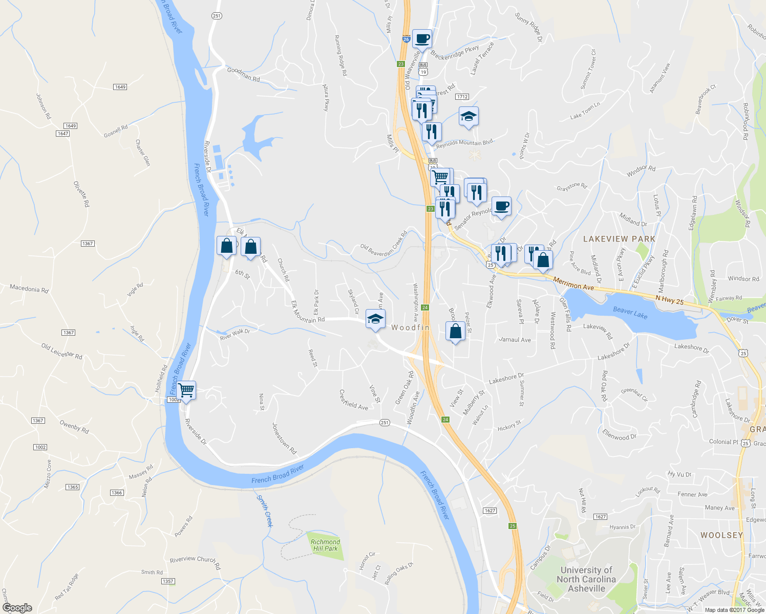 map of restaurants, bars, coffee shops, grocery stores, and more near 23 Brown Avenue in Asheville